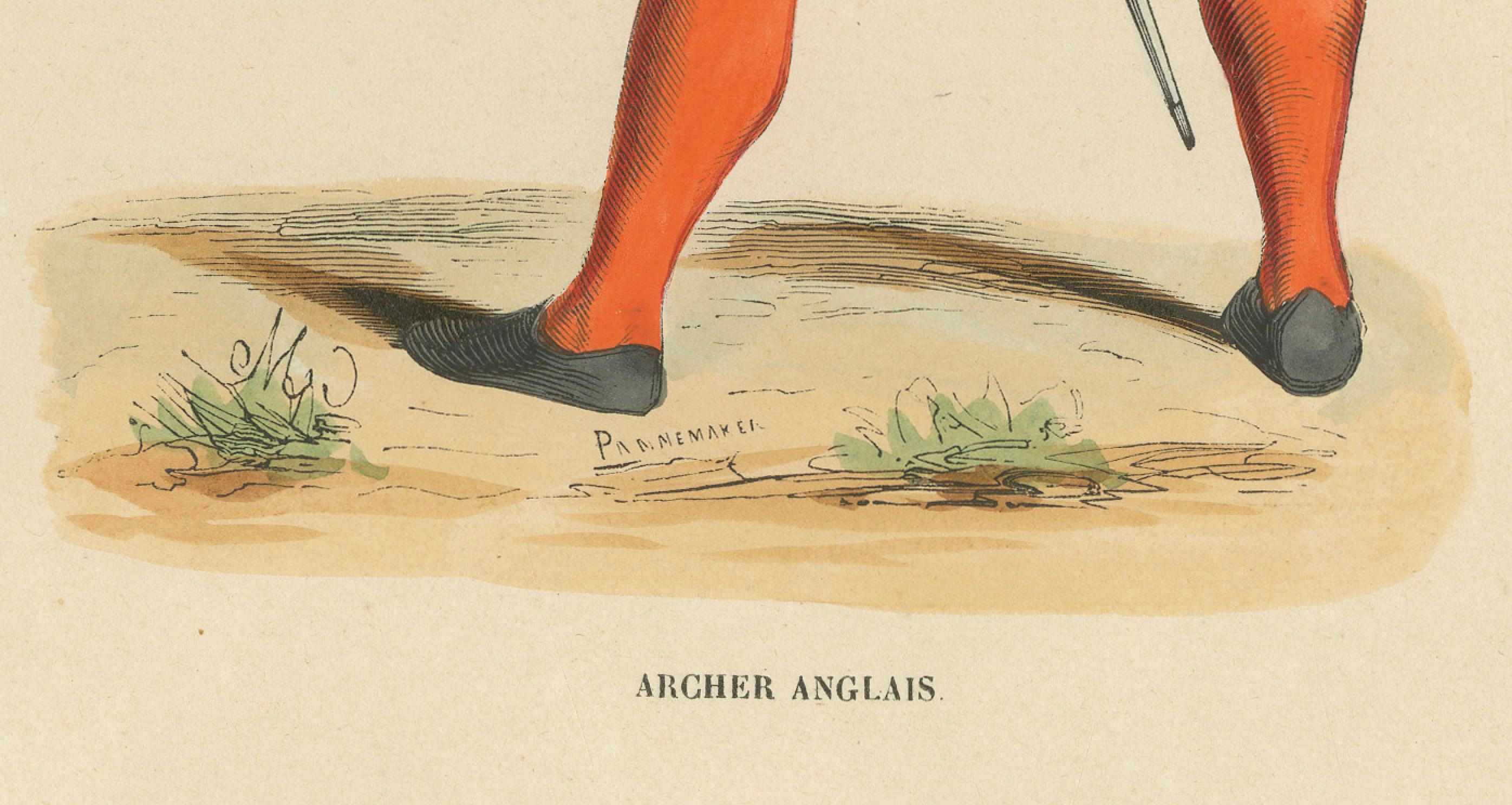 This original antique print depicts an English archer in the act of drawing his longbow, a weapon for which English soldiers were famous during the medieval period. He's dressed in a red garment with a detailed breastplate, and a sword at his side.