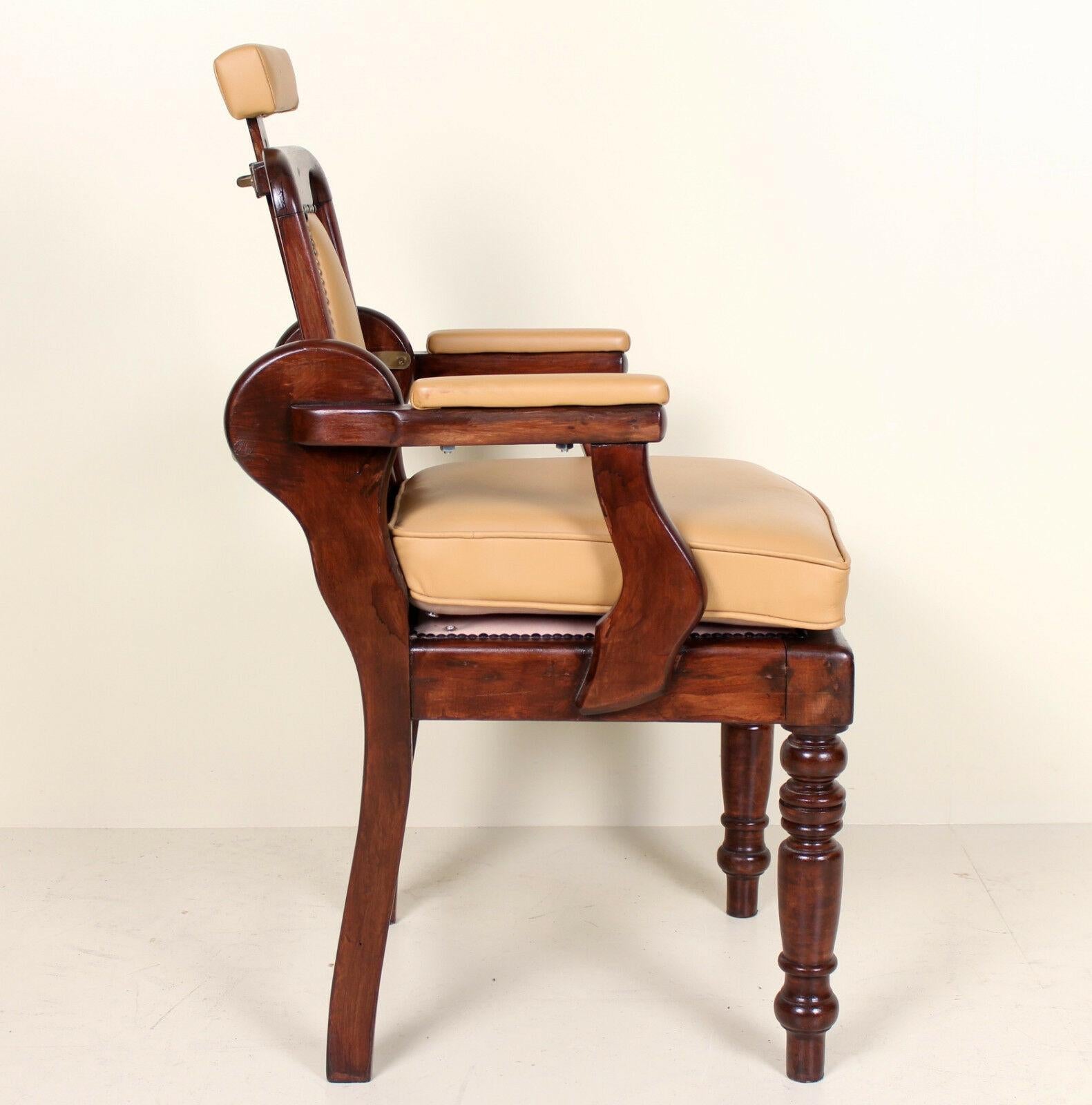 English Armchair Barbers Chairs Carved Mahogany Adjustable Tan For Sale 7
