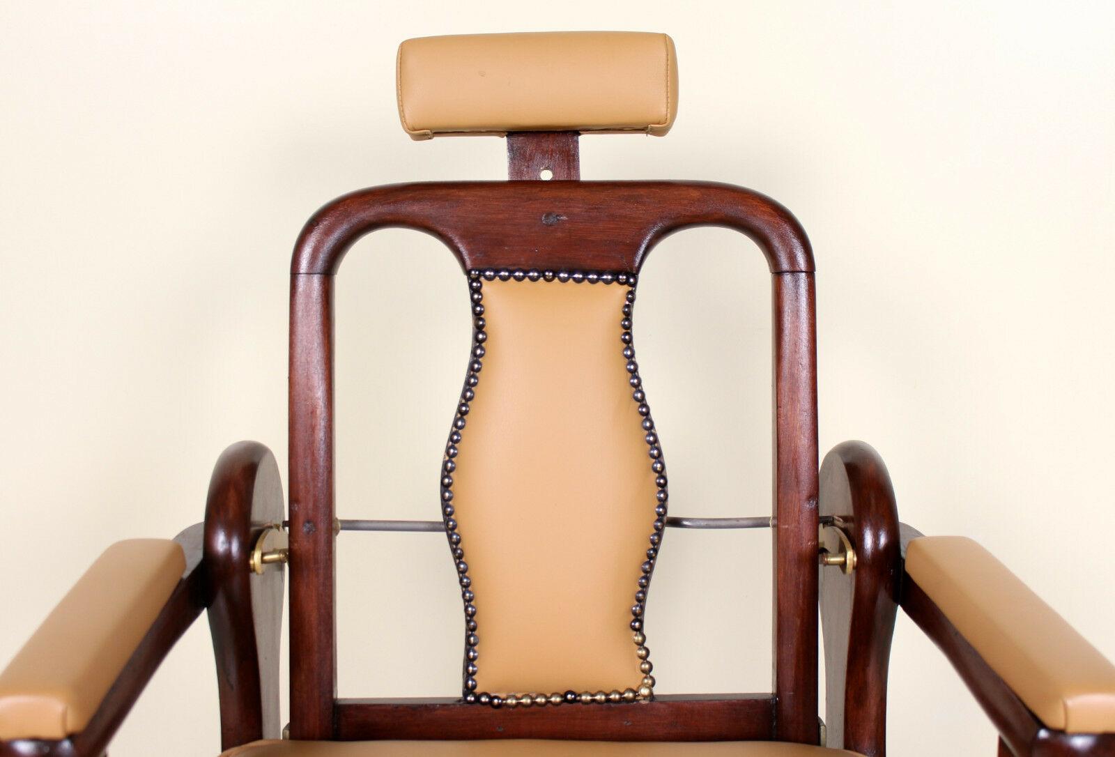 English Armchair Barbers Chairs Carved Mahogany Adjustable Tan In Good Condition For Sale In Newcastle upon Tyne, GB