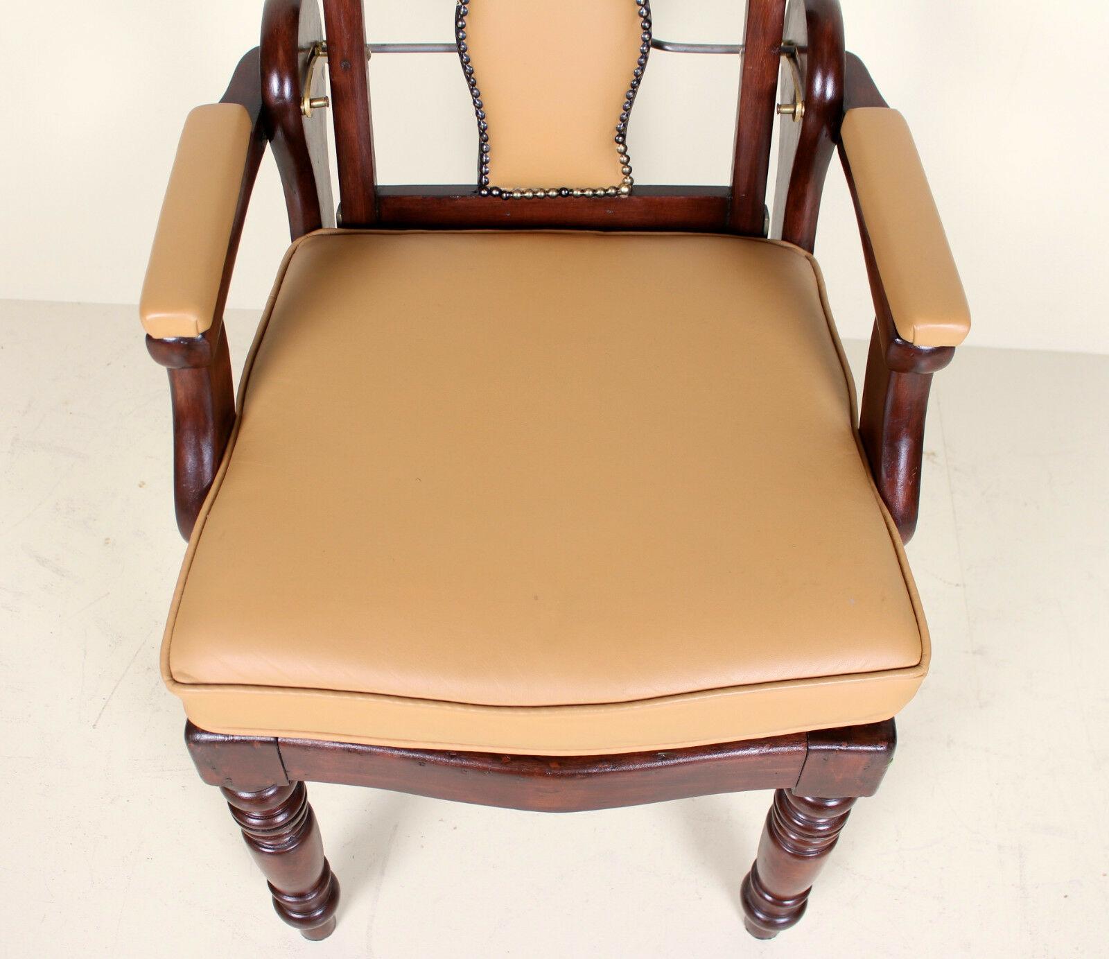 Early 20th Century English Armchair Barbers Chairs Carved Mahogany Adjustable Tan For Sale