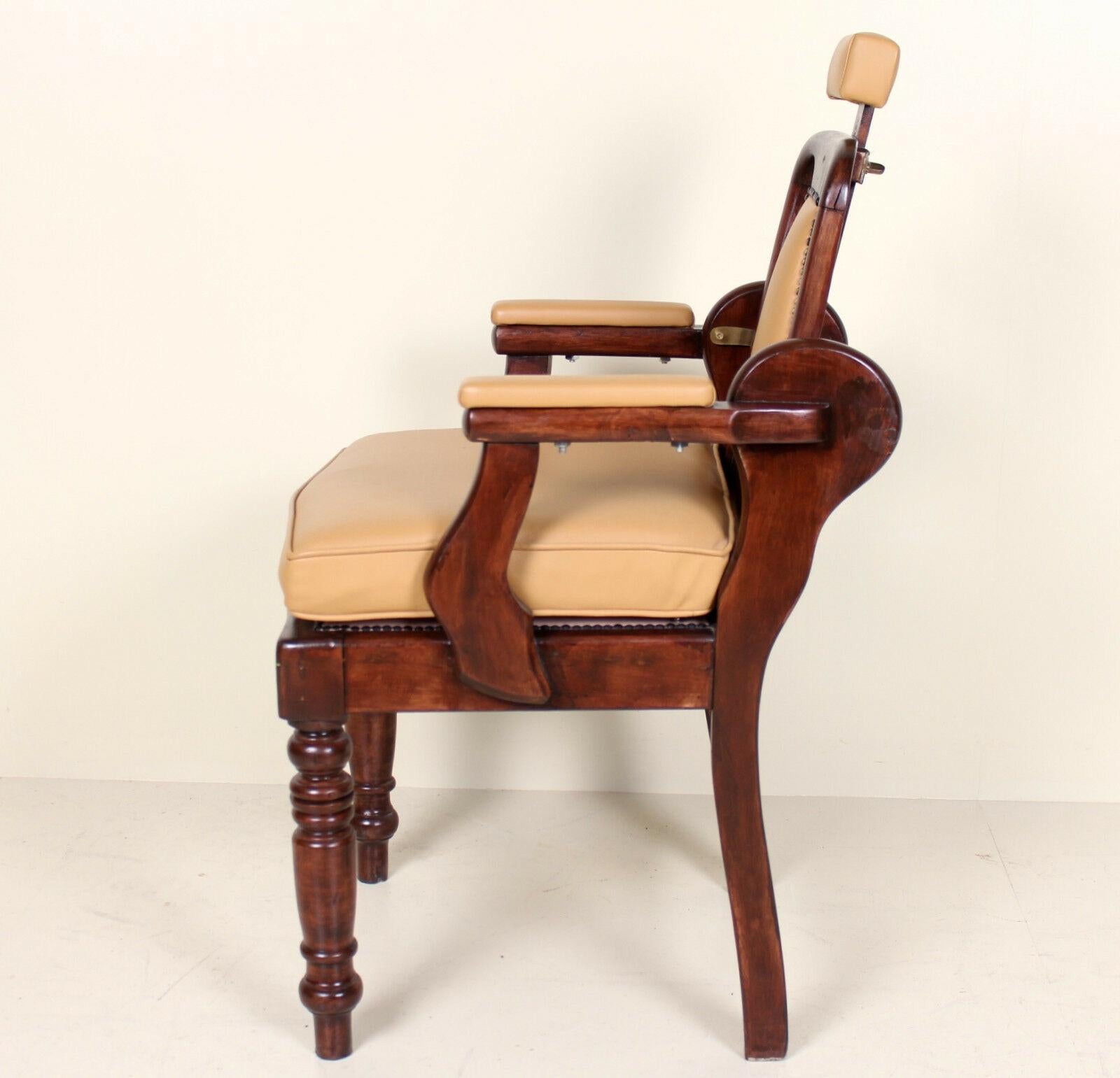 English Armchair Barbers Chairs Carved Mahogany Adjustable Tan For Sale 2