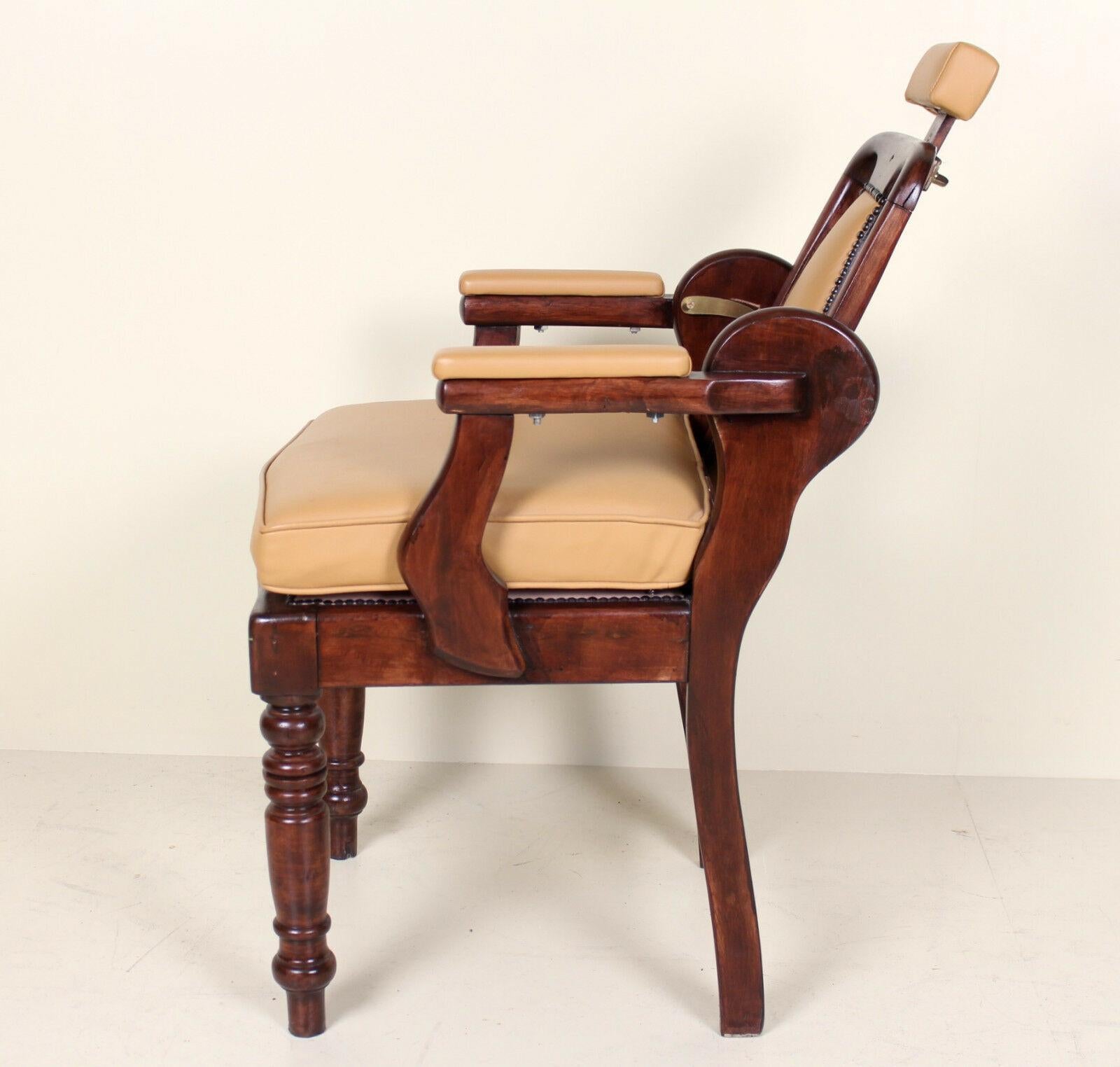 English Armchair Barbers Chairs Carved Mahogany Adjustable Tan For Sale 3