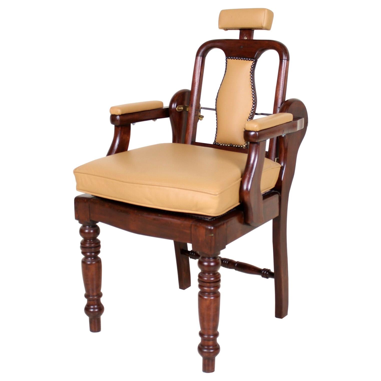 English Armchair Barbers Chairs Carved Mahogany Adjustable Tan For Sale