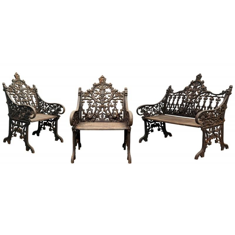 Baroque English Armchair / Bench 19th Century Cast Iron and Teack For Sale