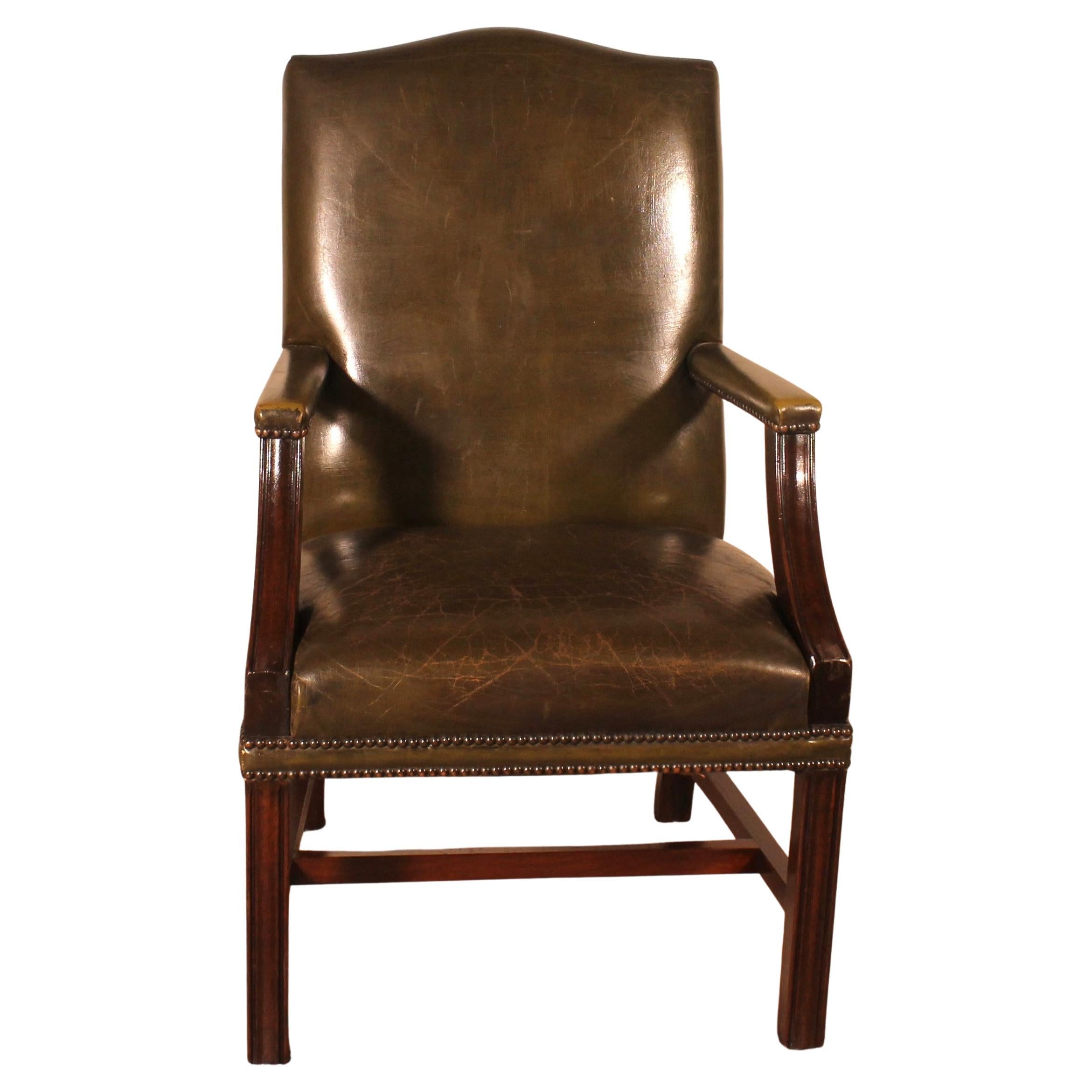 English Armchair In Dark Green Leather For Sale
