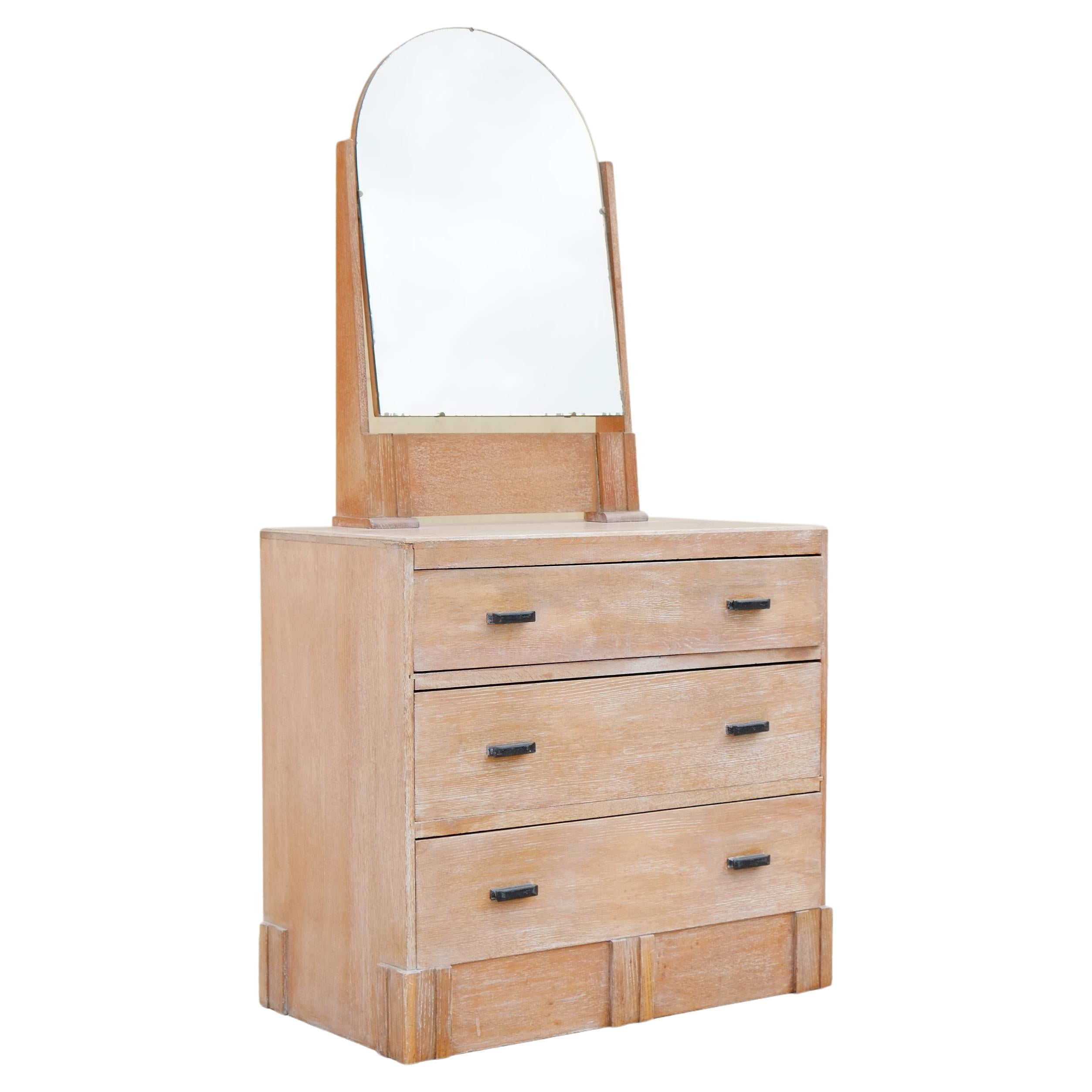 English Art Deco 1930s Limed Oak Dressing Table Vanity