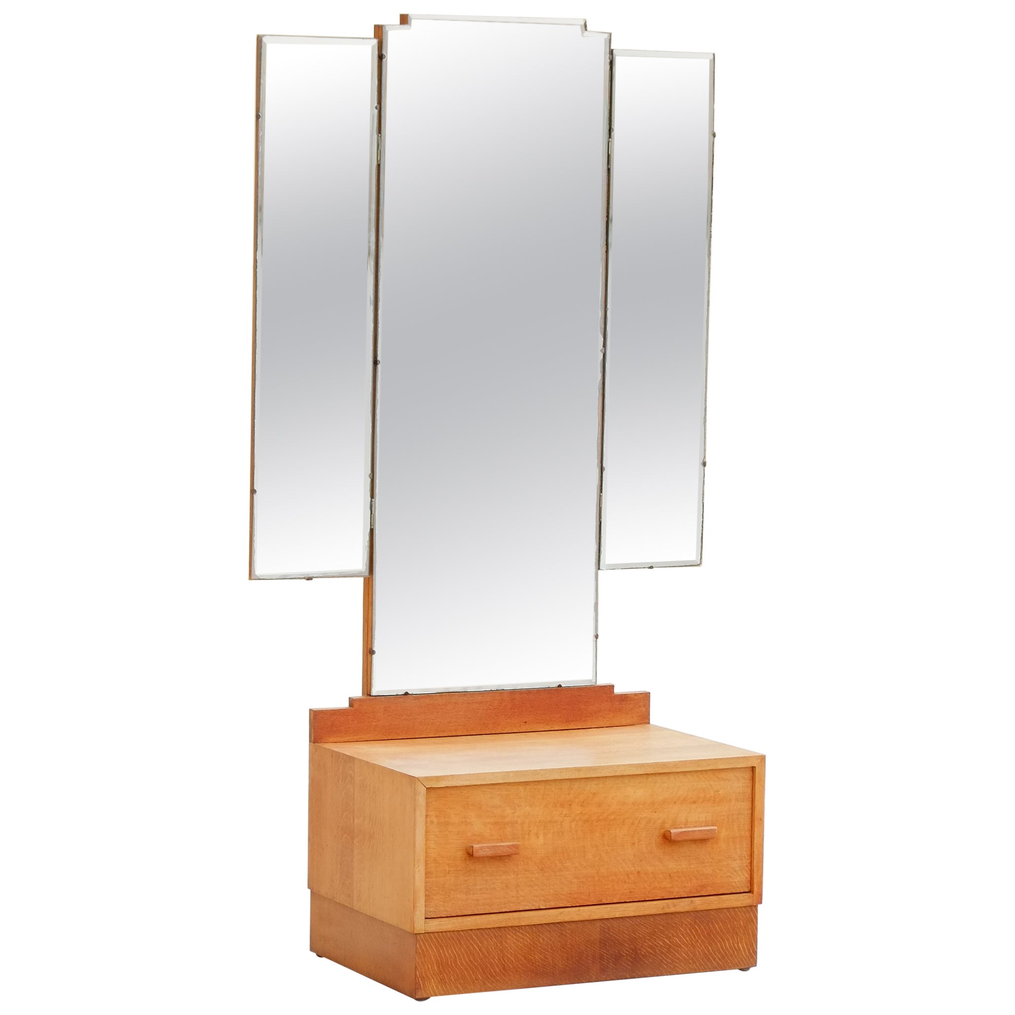 Art déco anglais des années 1930 Miroir de coiffure triple en chêne massif avec tiroir