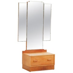 Art déco anglais des années 1930 Miroir de coiffure triple en chêne massif avec tiroir