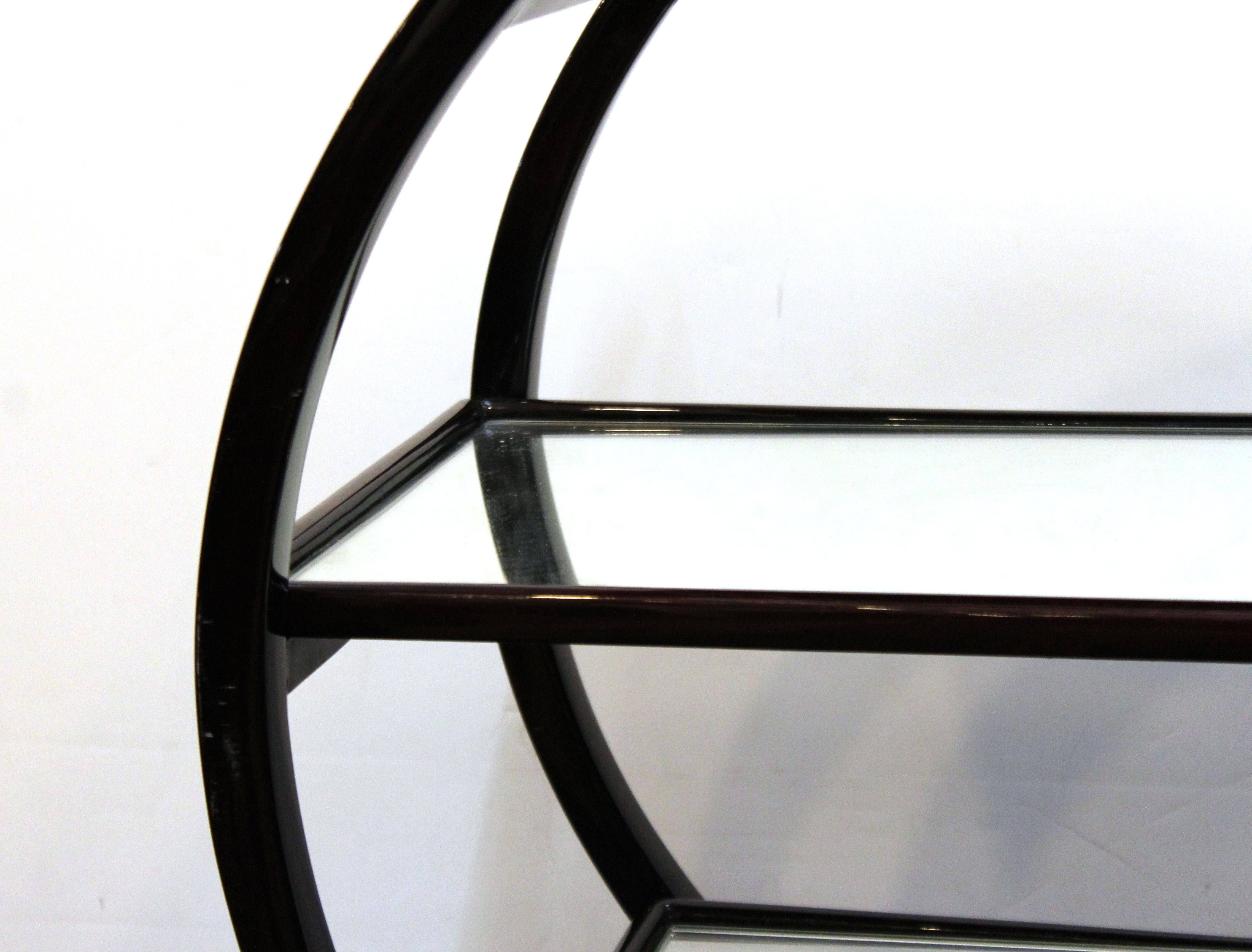 Metal English Art Deco Bar Cart in Circular Shape with Three Mirrored Levels