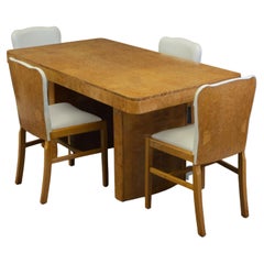 English Art Deco Bird's Eye Maple Dining Table & Four Matching Leather Chairs