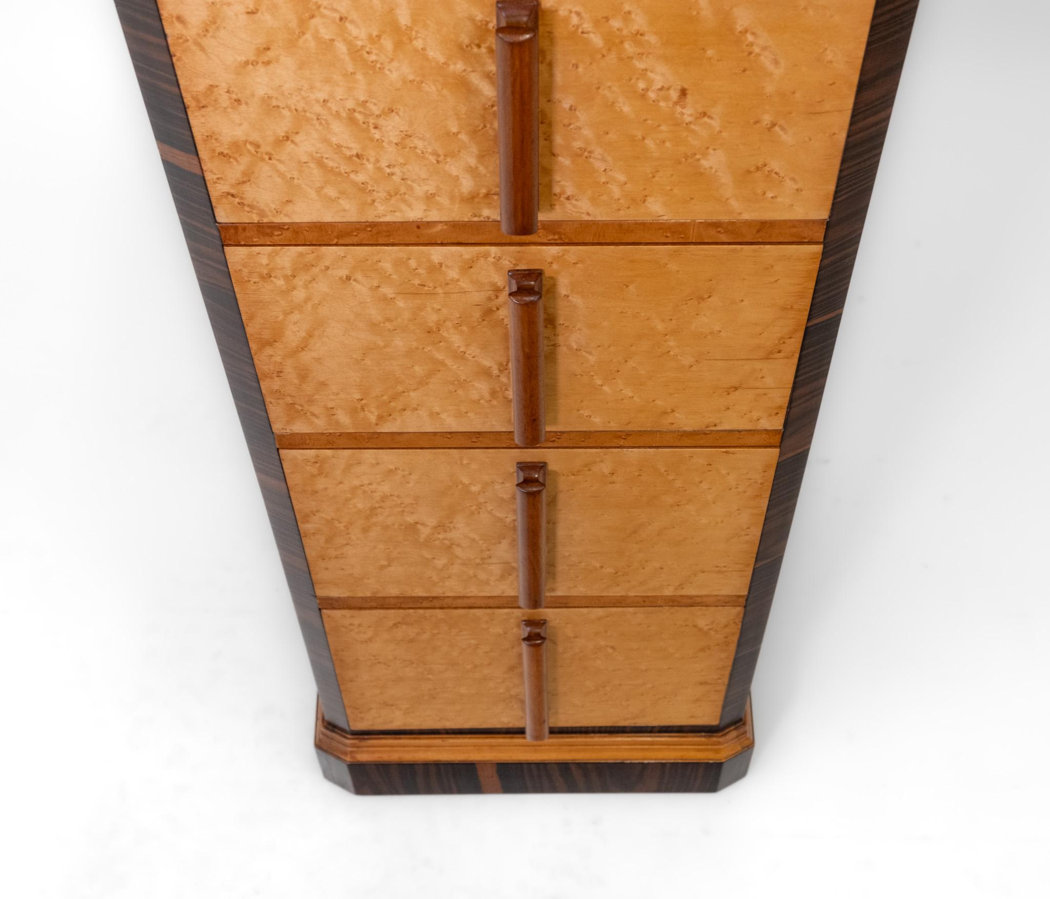 English Art Deco Birds Eye Maple & Macassar Ebony Tall And Narrow Chest Drawers For Sale 4