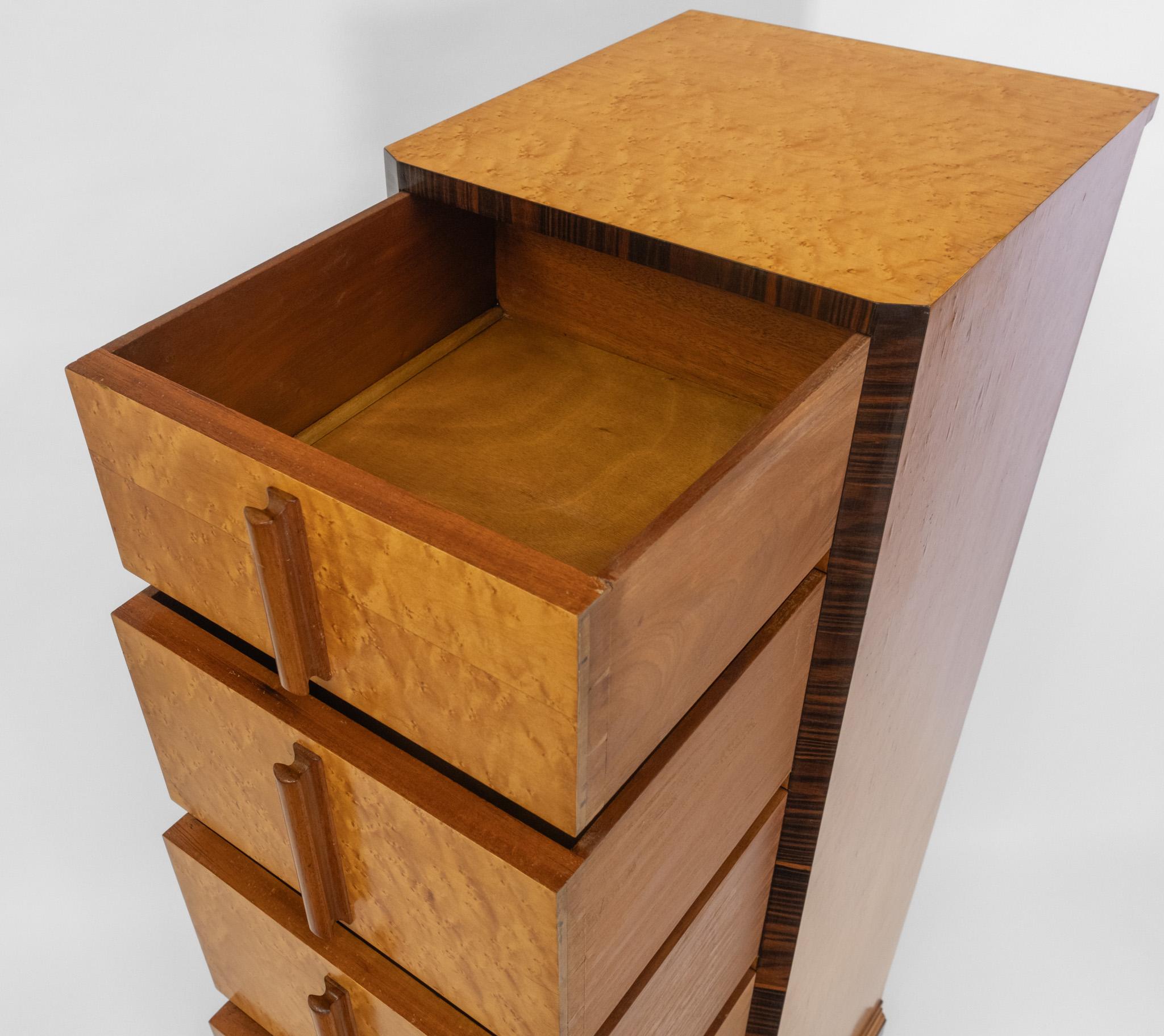 English Art Deco Birds Eye Maple & Macassar Ebony Tall And Narrow Chest Drawers For Sale 7