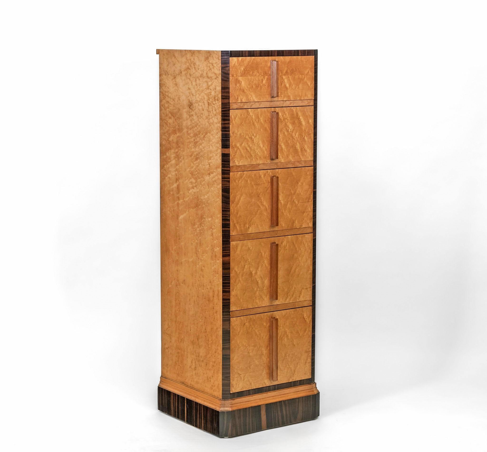 English Art Deco Birds Eye Maple & Macassar Ebony Tall And Narrow Chest Drawers For Sale 12