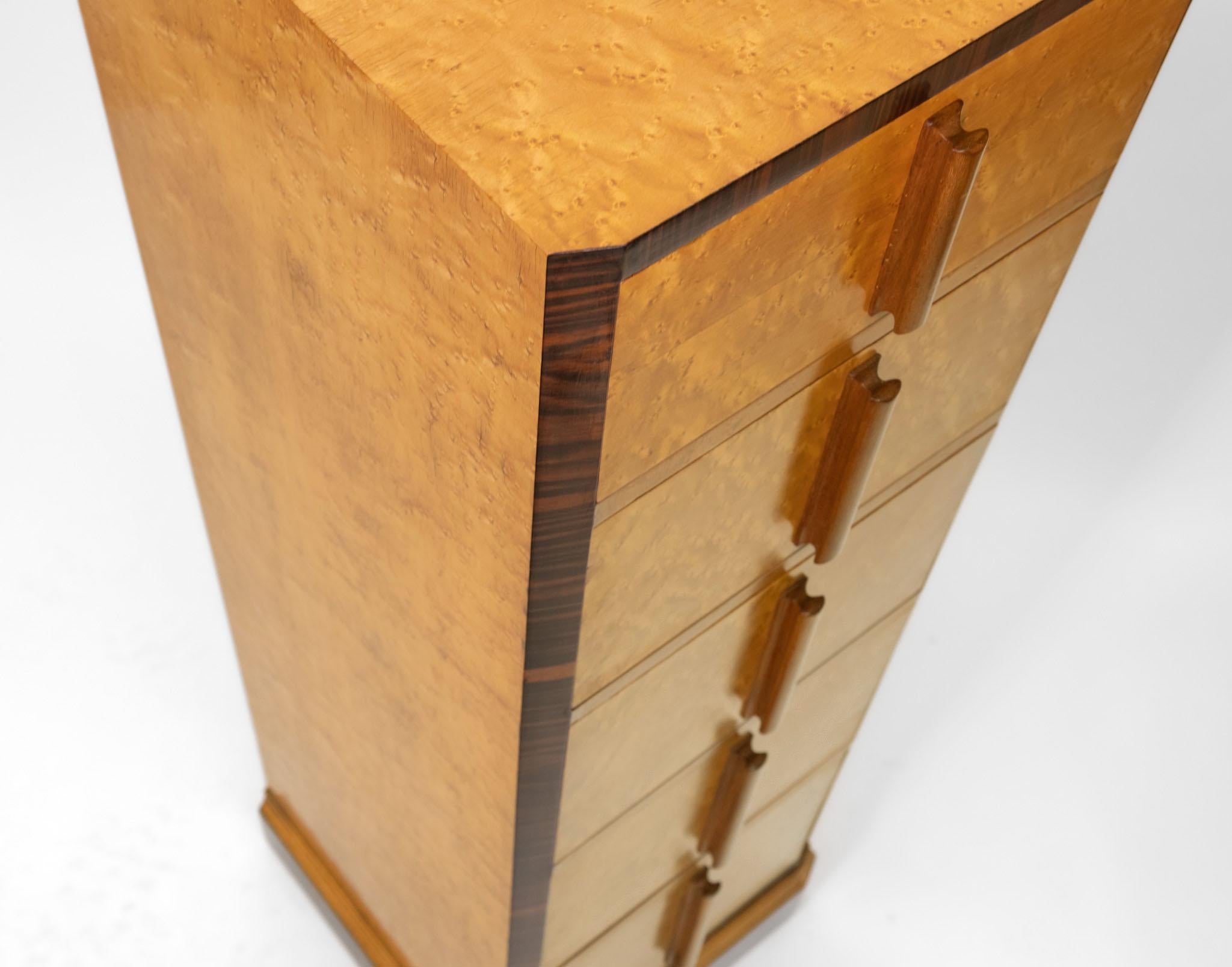 Veneer English Art Deco Birds Eye Maple & Macassar Ebony Tall And Narrow Chest Drawers For Sale
