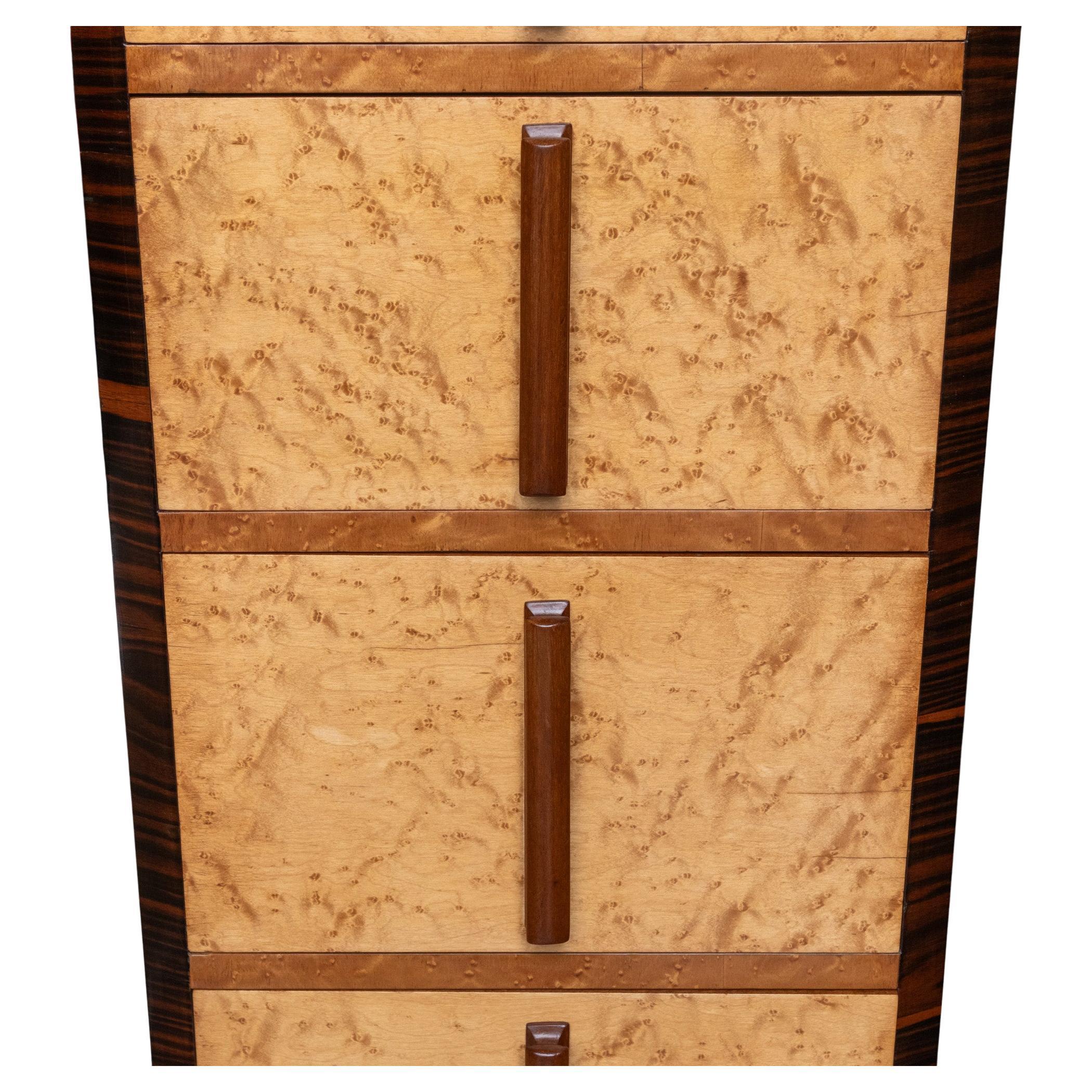 Mid-20th Century English Art Deco Birds Eye Maple & Macassar Ebony Tall And Narrow Chest Drawers For Sale