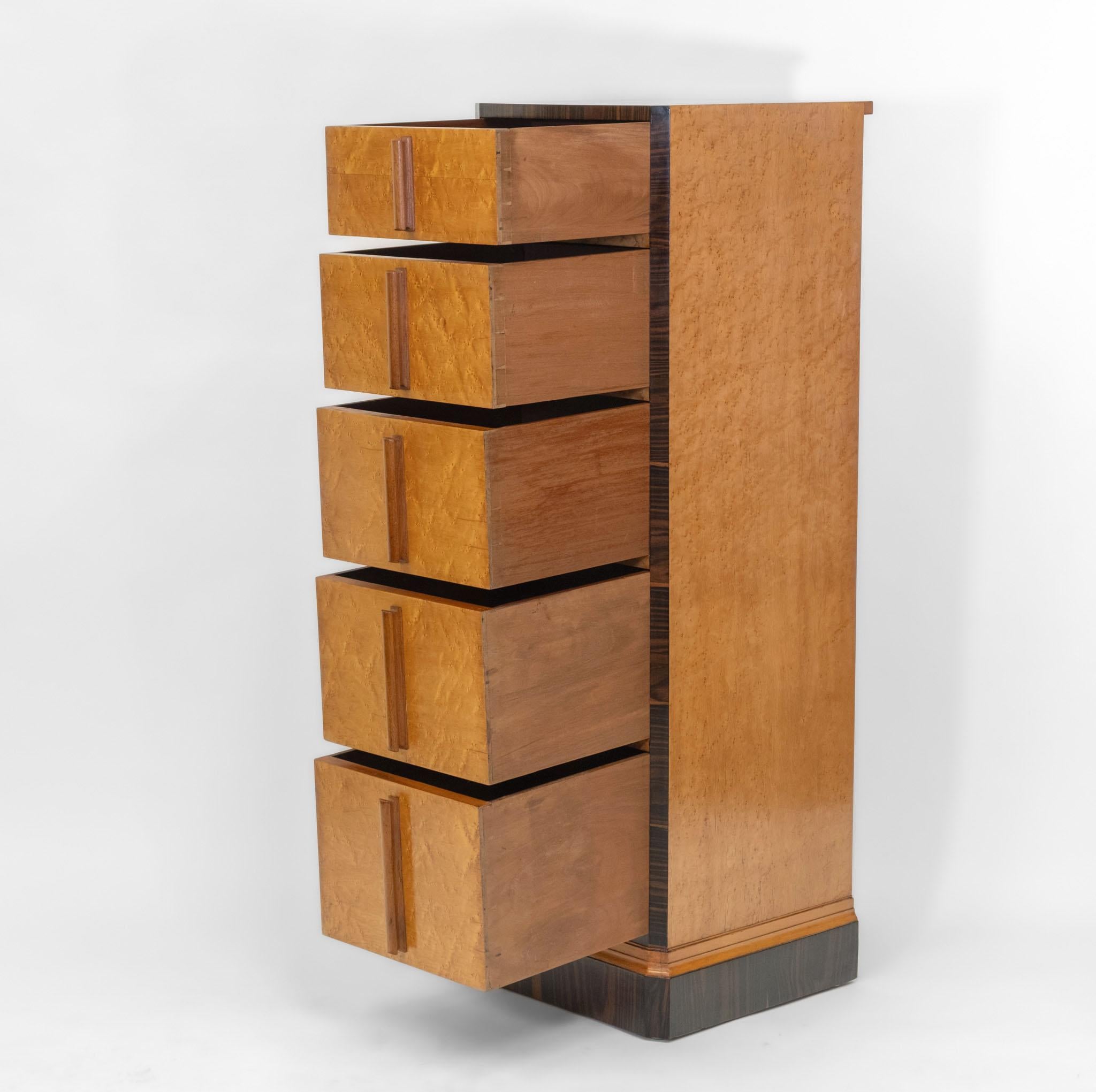 Wood English Art Deco Birds Eye Maple & Macassar Ebony Tall And Narrow Chest Drawers For Sale