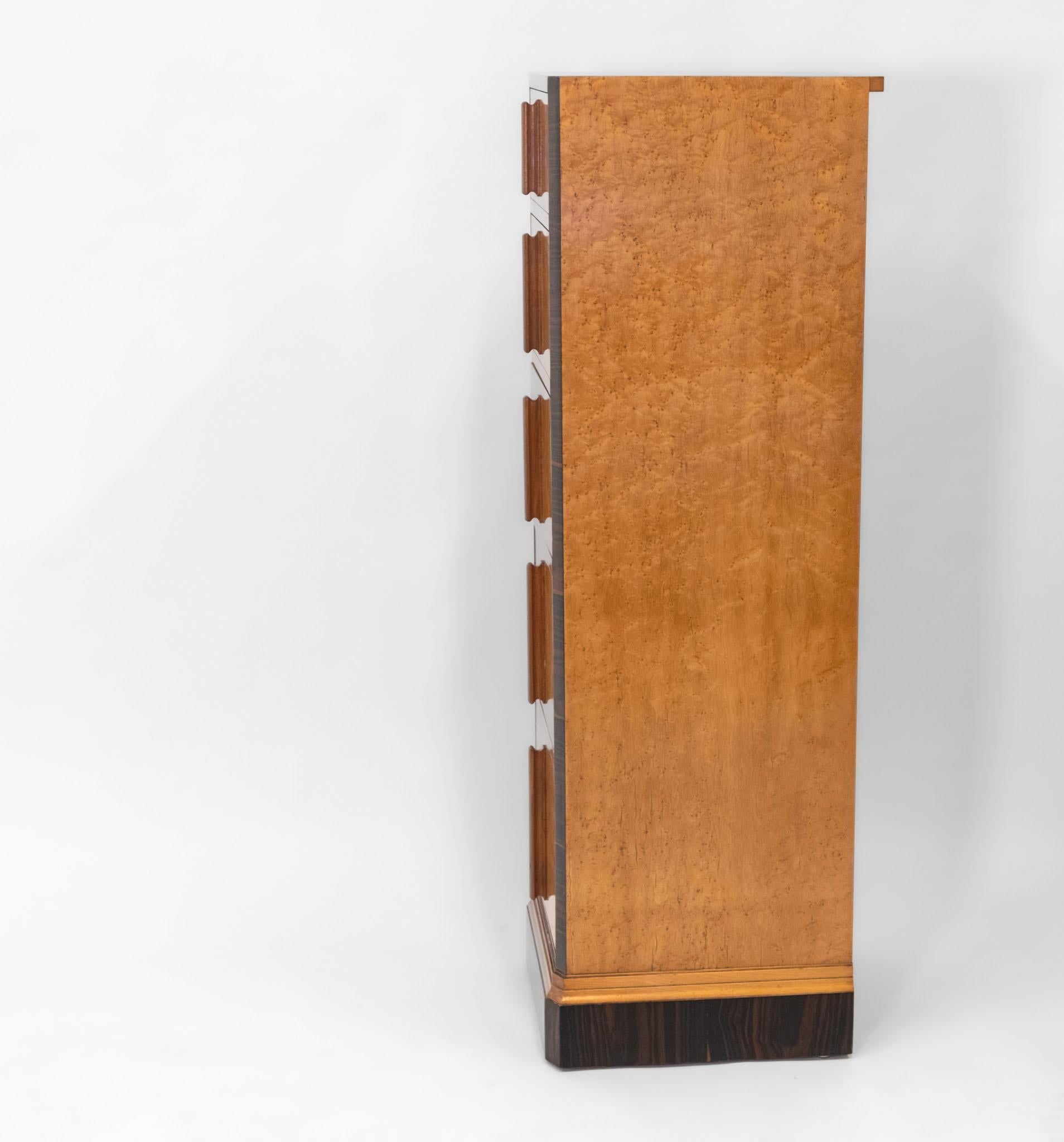 English Art Deco Birds Eye Maple & Macassar Ebony Tall And Narrow Chest Drawers For Sale 1