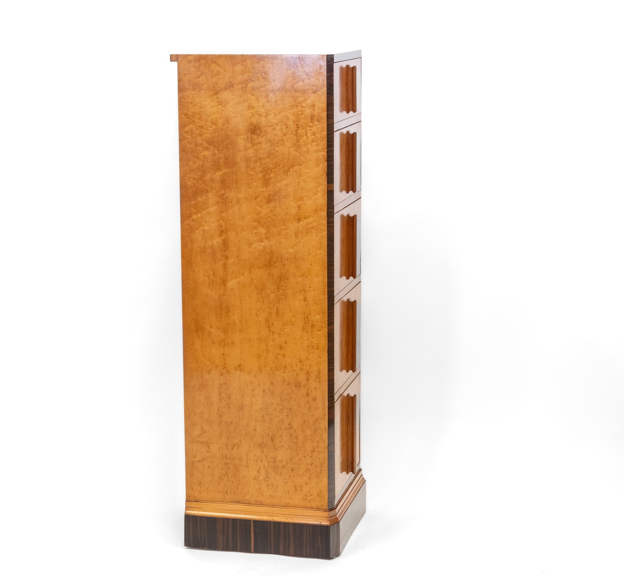 English Art Deco Birds Eye Maple & Macassar Ebony Tall And Narrow Chest Drawers For Sale 3