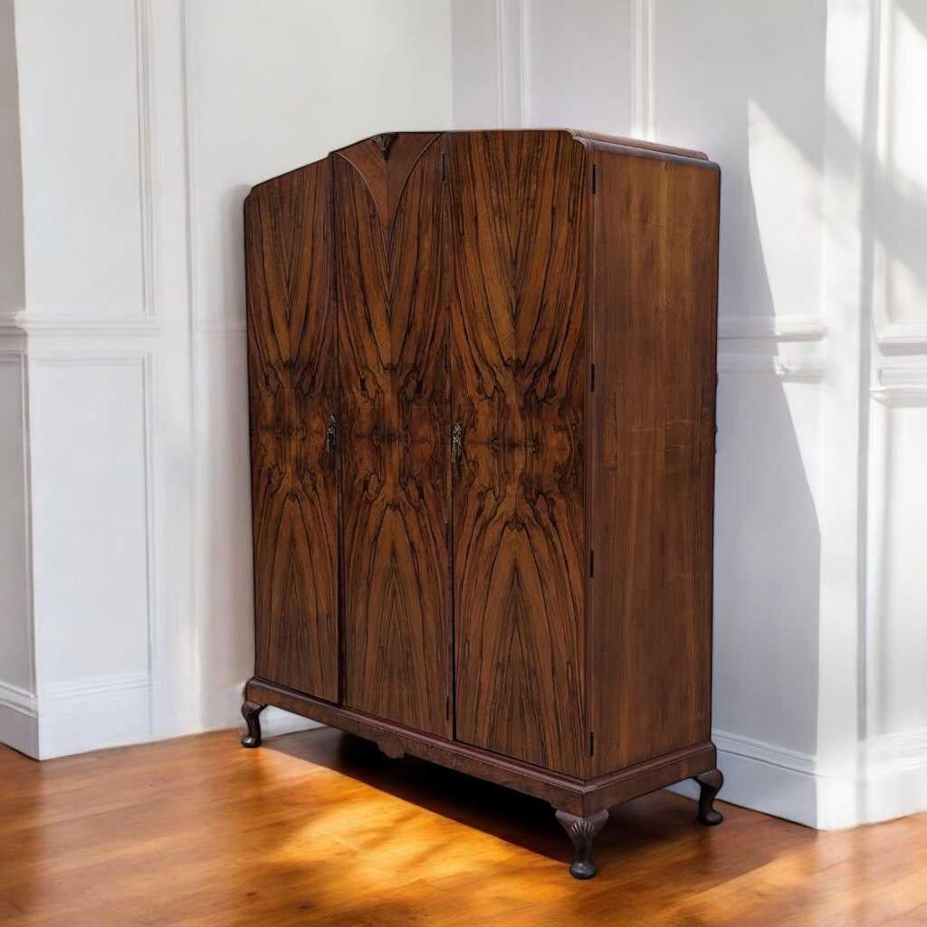 English Art Deco Burl Walnut Armoire, Wardrobe, c. 1930s 8