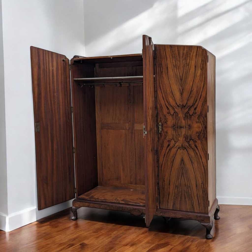 English Art Deco Burl Walnut Armoire, Wardrobe, c. 1930s In Good Condition In Rancho Cucamonga, CA