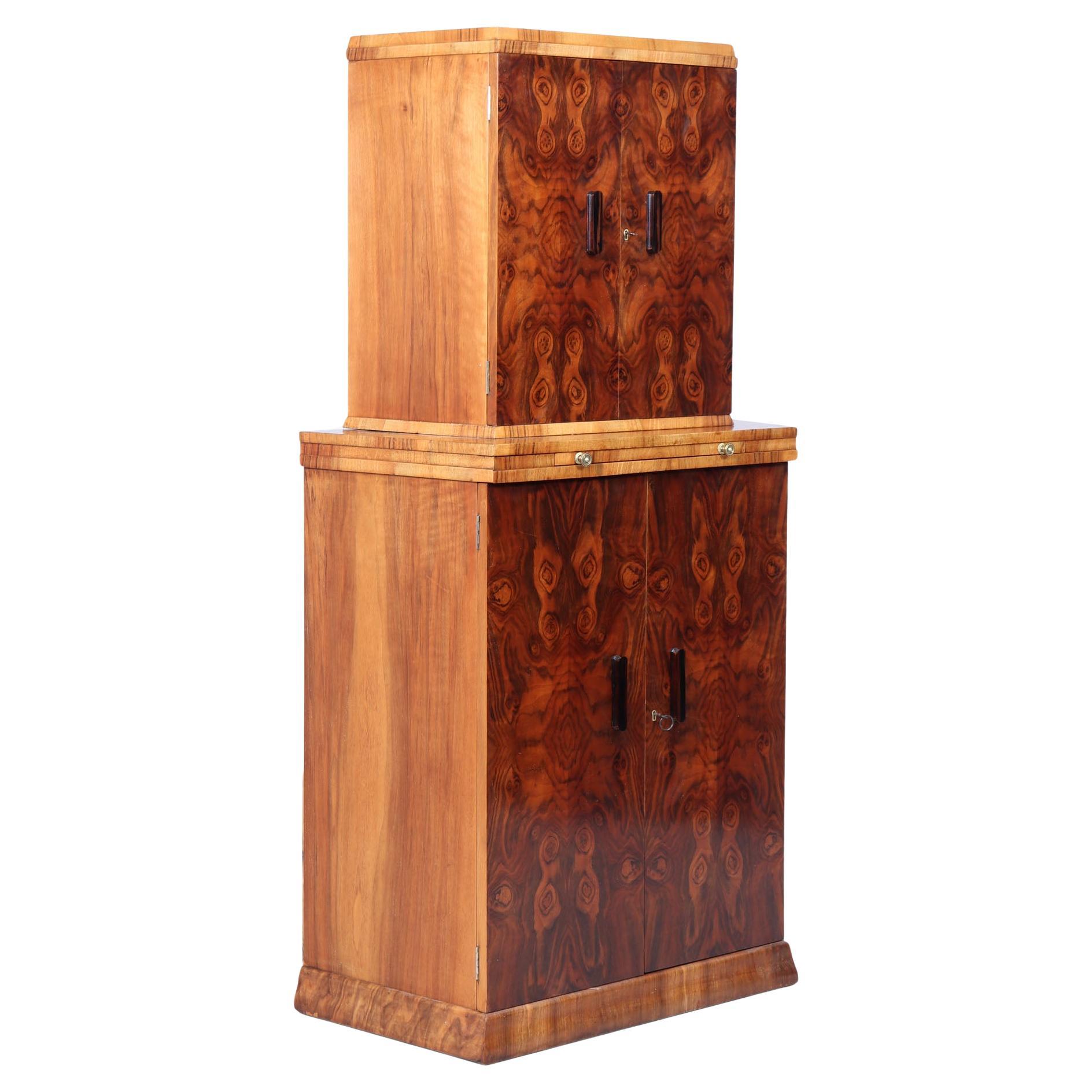 English Art Deco Burr Walnut Cocktail Cabinet, c.1930s