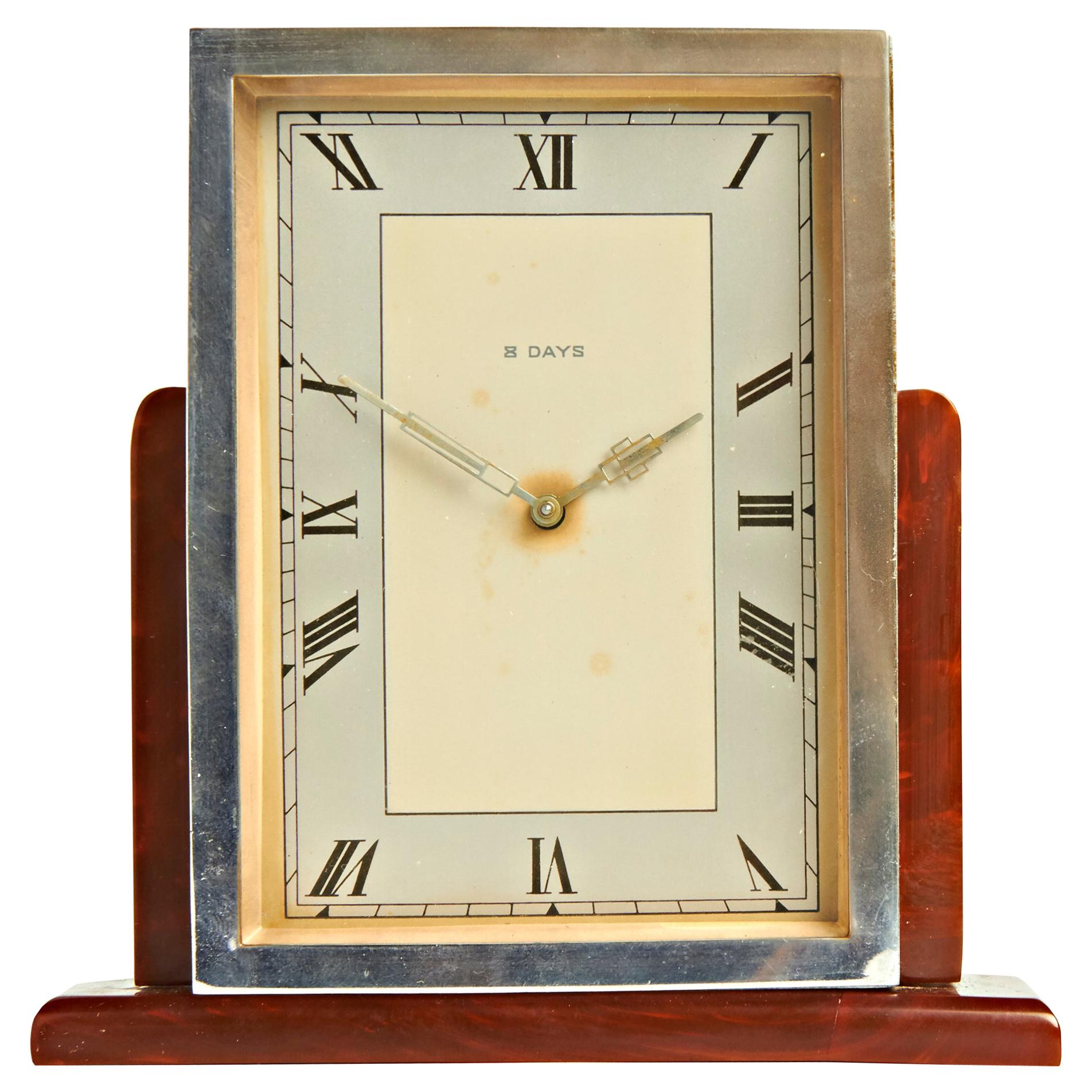 English Art Deco Chrome & Butterscotch/Tortoiseshell Bakelite 8-Day Table Clock For Sale