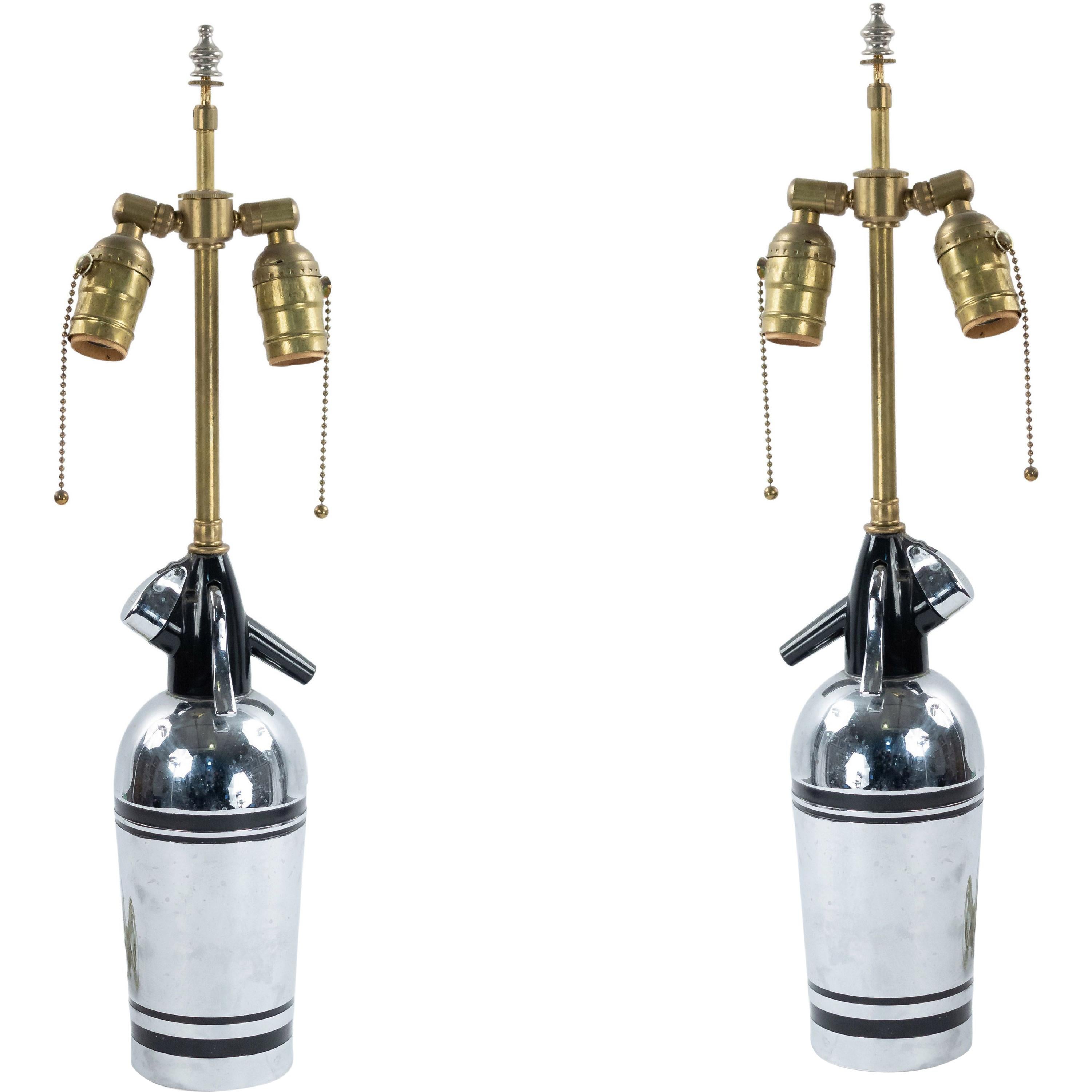 Englische verchromte Syphonflasche im Art déco-Stil als Lampen montiert