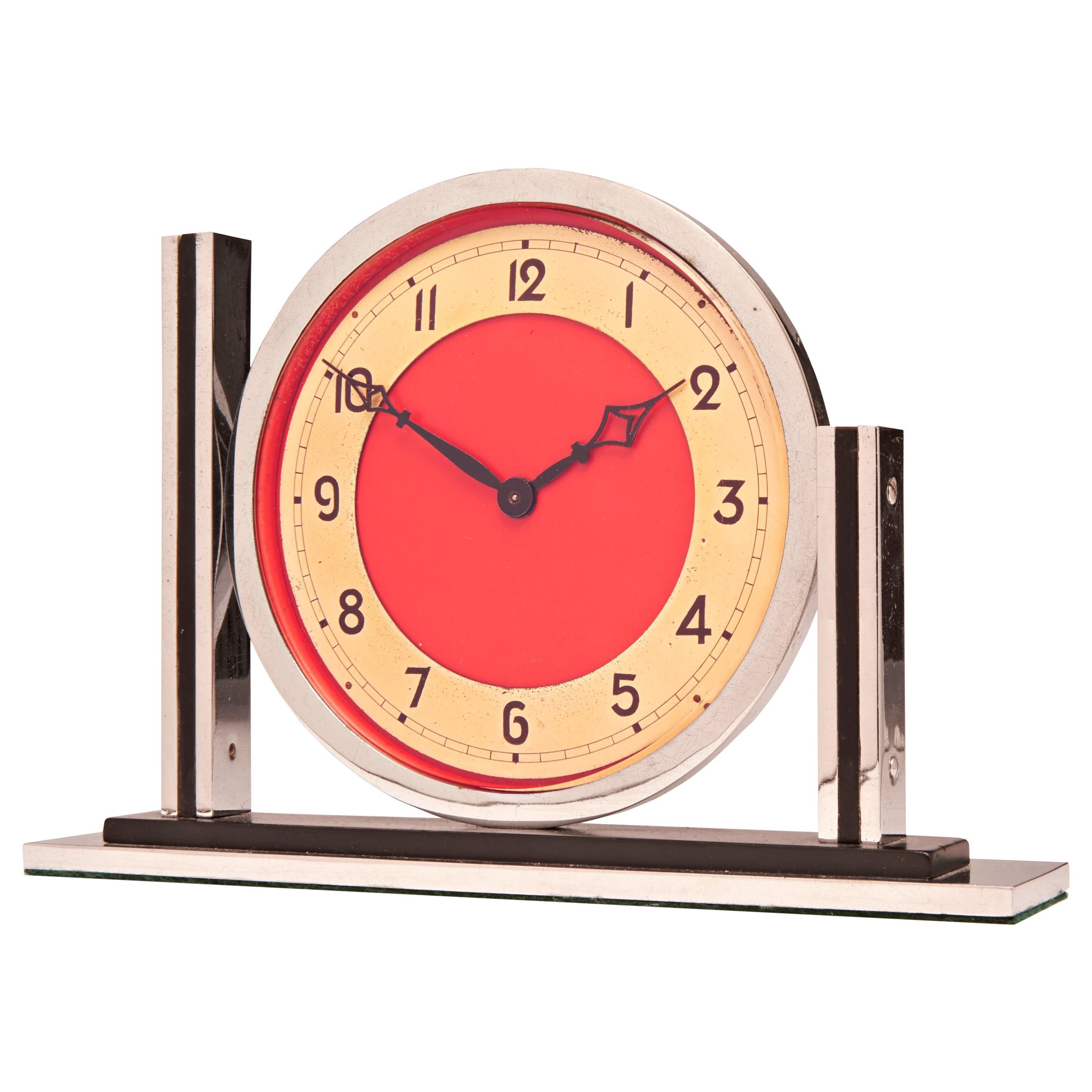 English Art Deco Chrome with Black, Red and Gold Tone Mechanical Mantel Clock