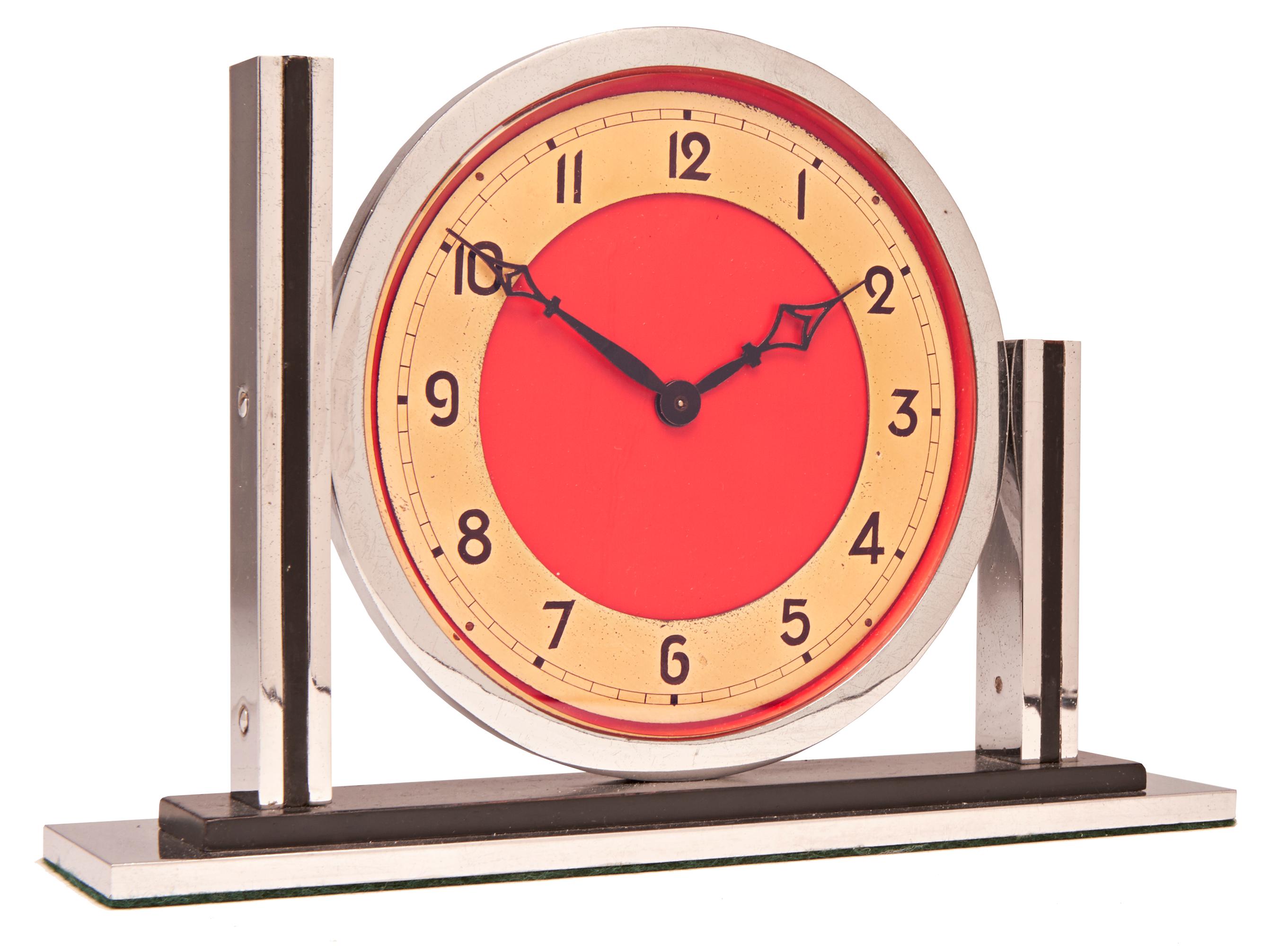 English Art Deco Chrome with Black, Red and Gold Tone Mechanical Mantel