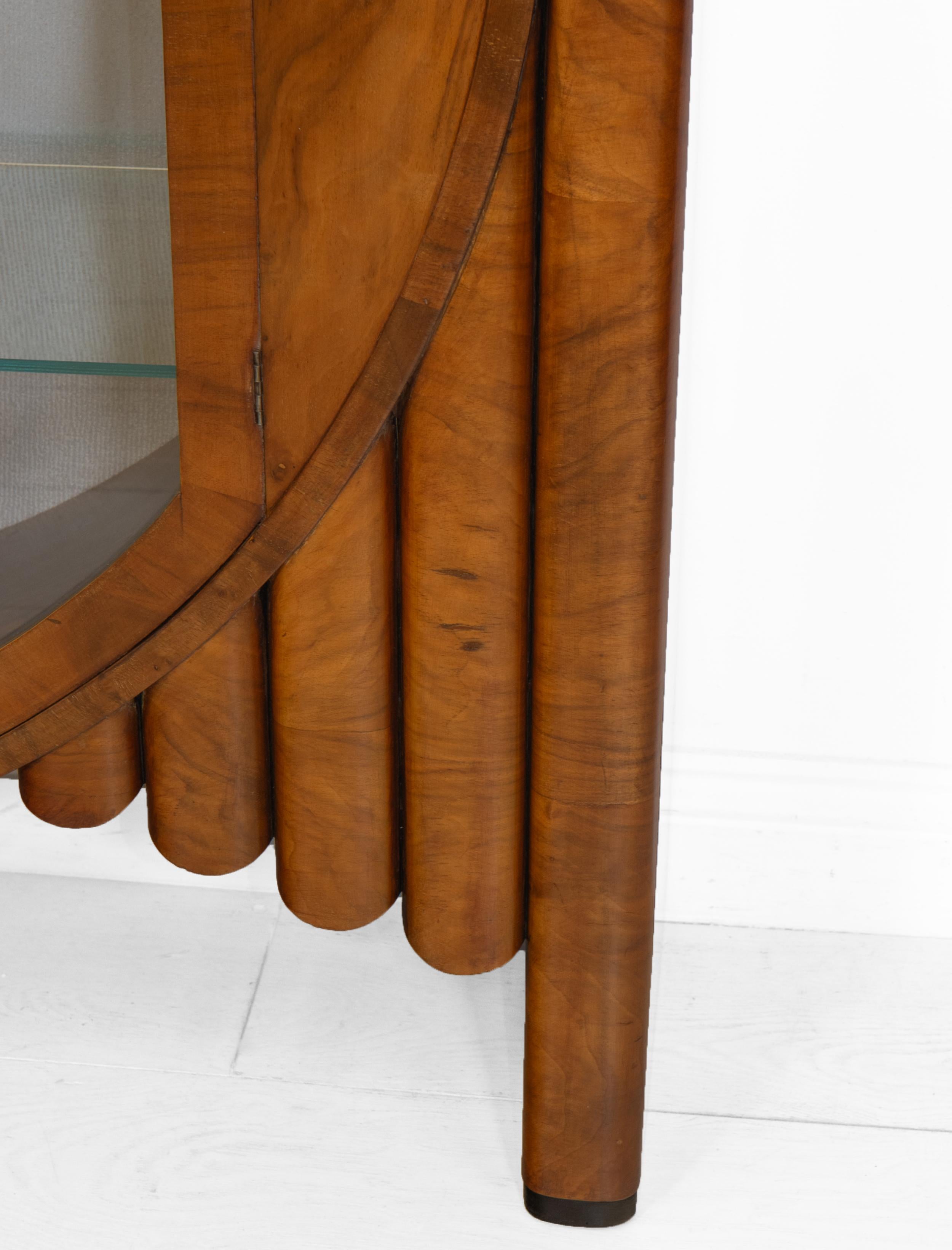 English Art Deco Circular Walnut 'Rocket' Display Cabinet Silk Backing 1930s 4