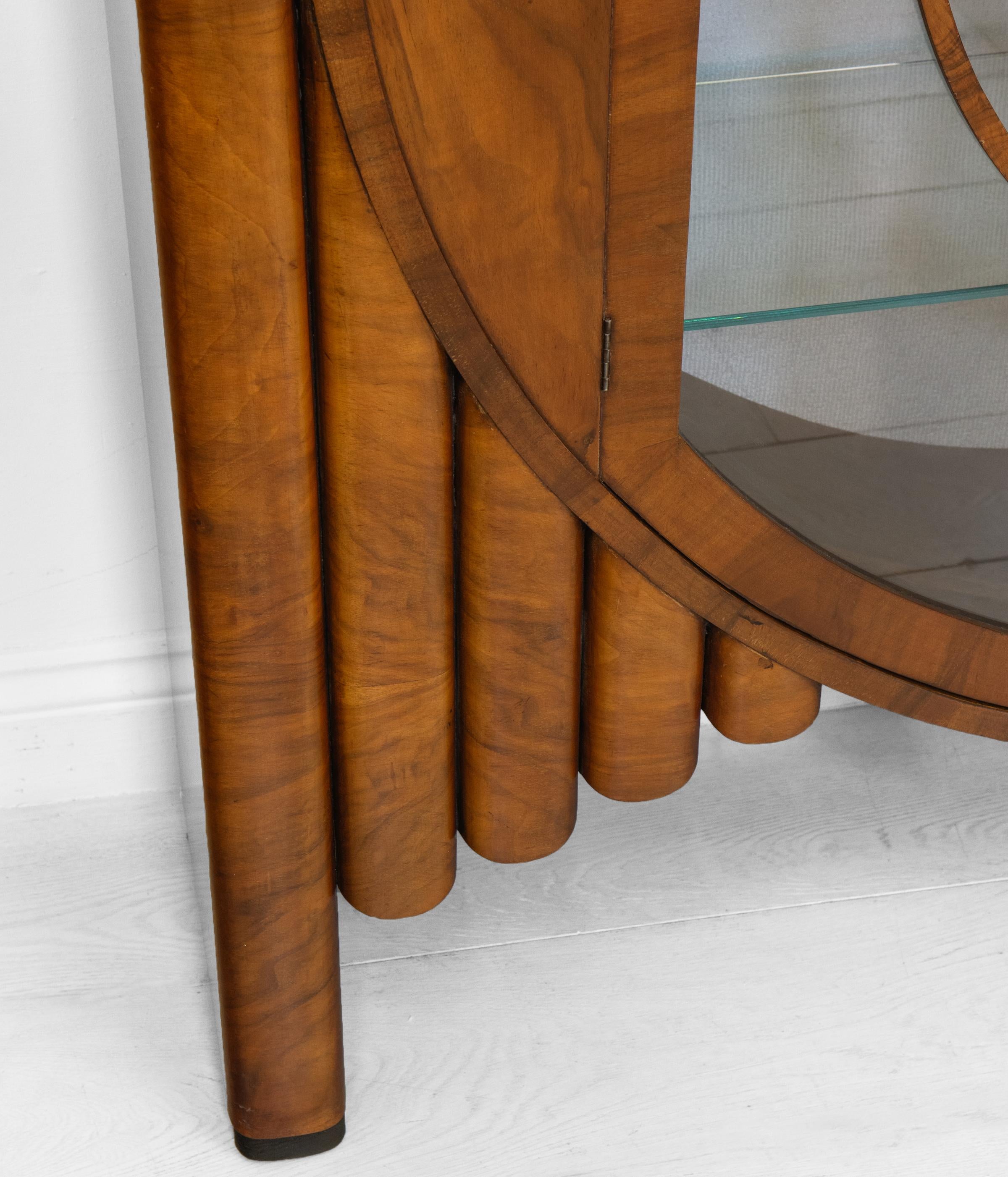 English Art Deco Circular Walnut 'Rocket' Display Cabinet Silk Backing 1930s 5