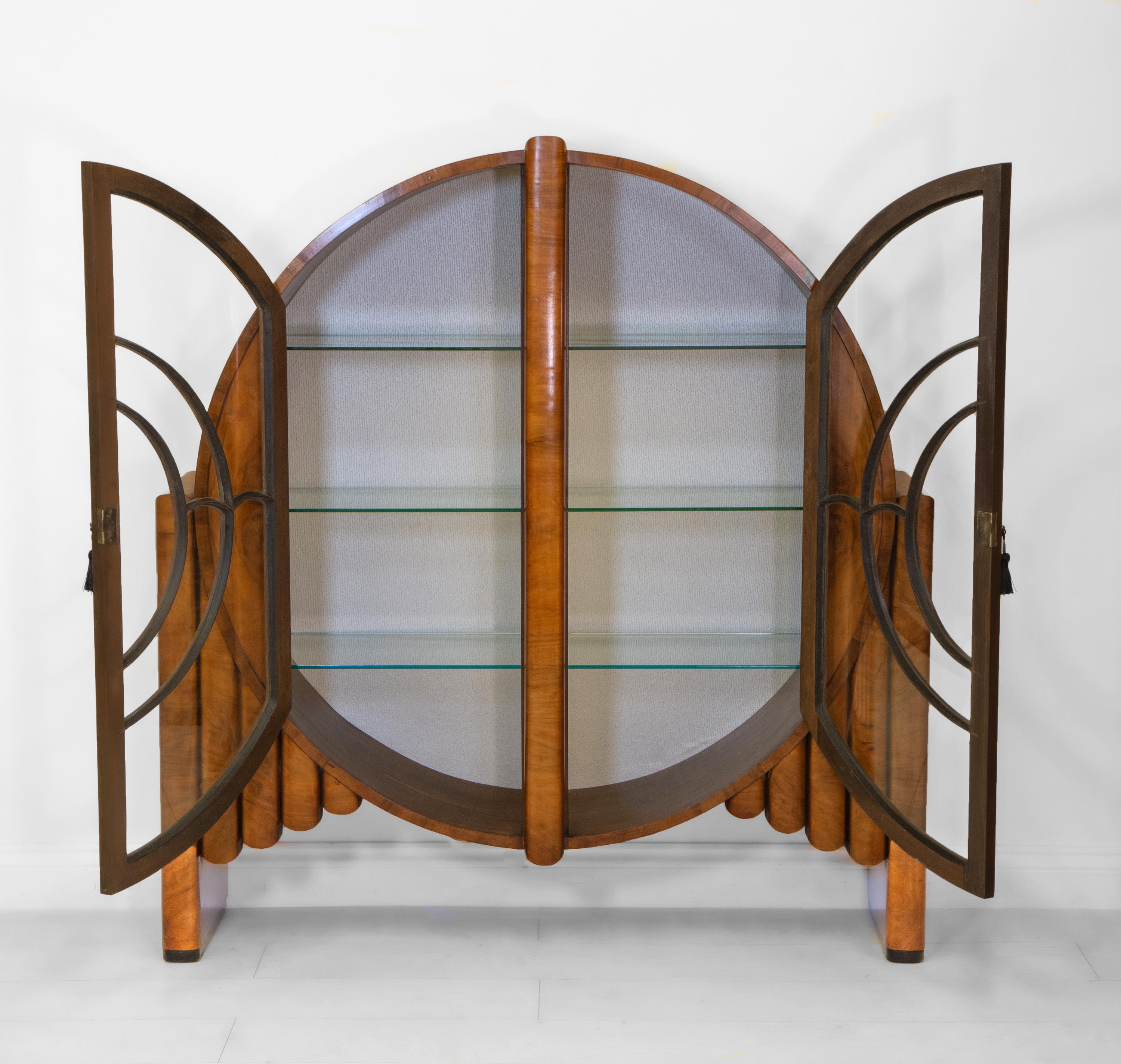 Veneer English Art Deco Circular Walnut 'Rocket' Display Cabinet Silk Backing 1930s