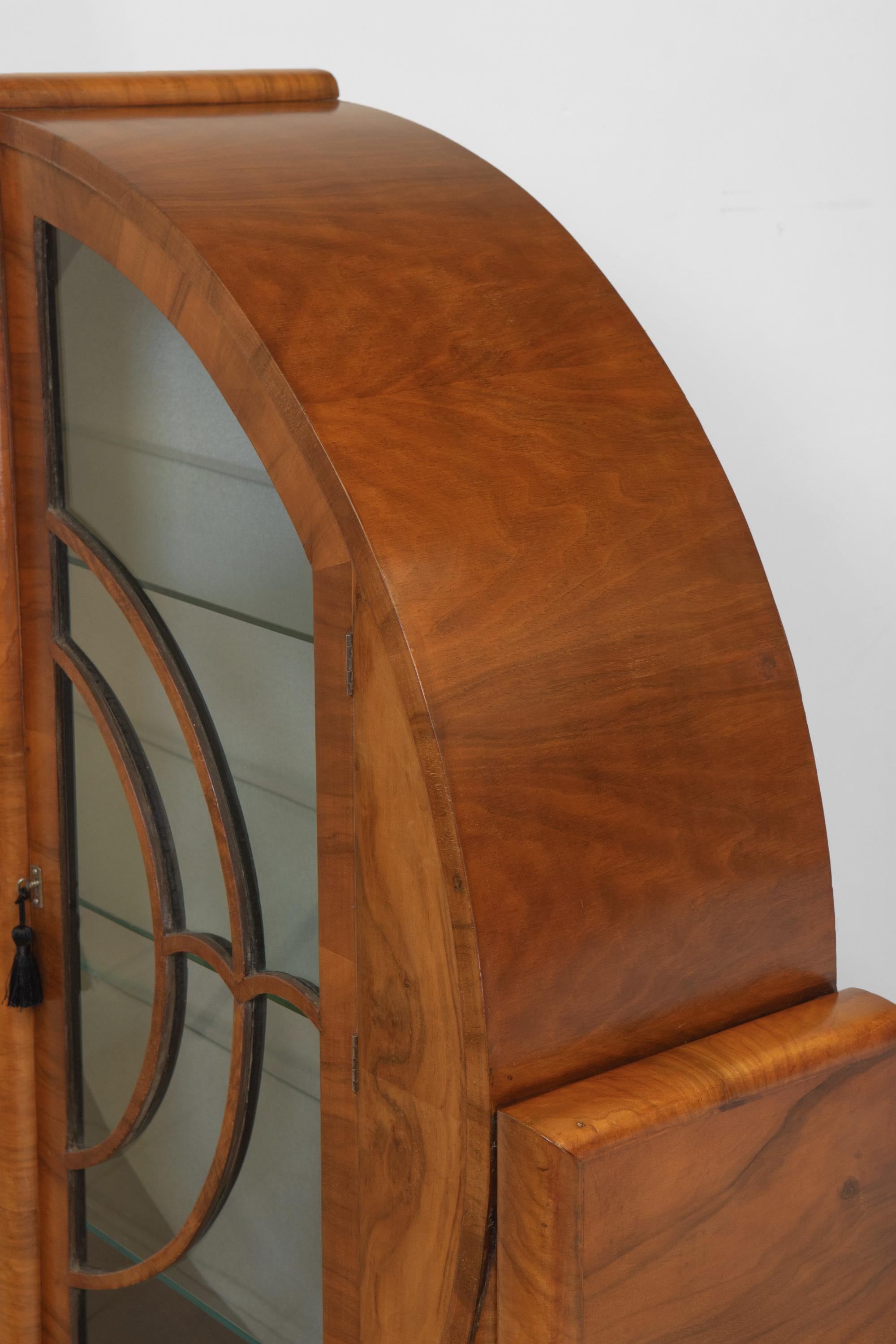 English Art Deco Circular Walnut 'Rocket' Display Cabinet Silk Backing 1930s In Good Condition In Norwich, GB