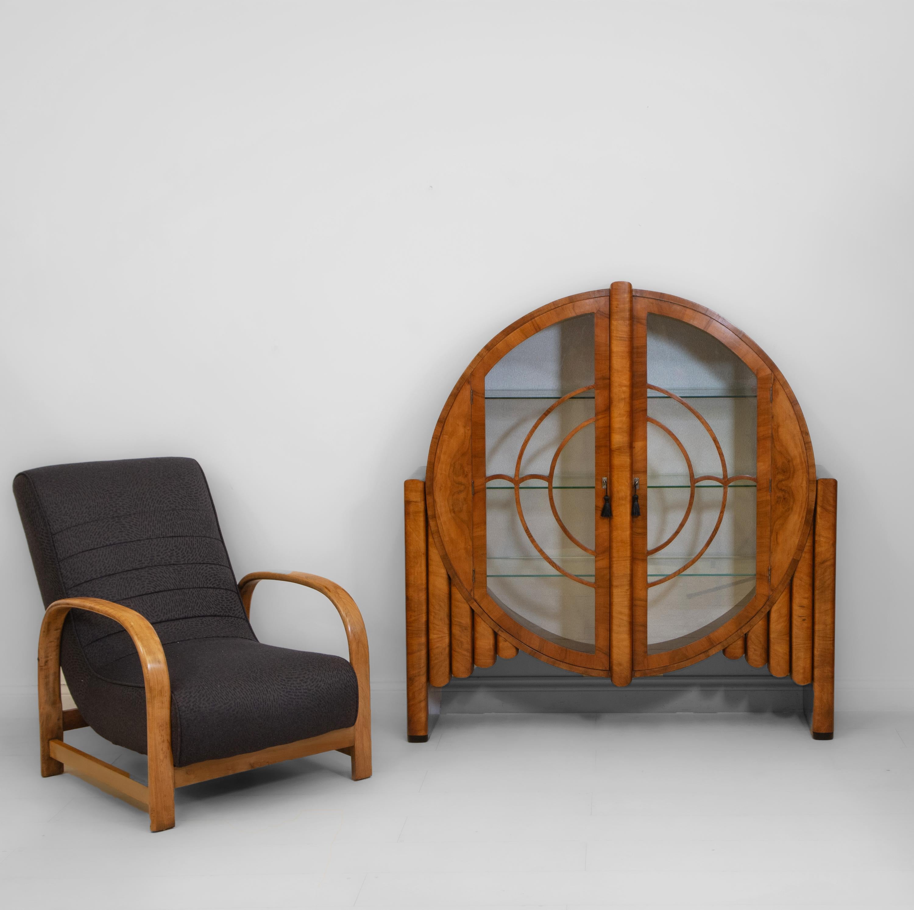 Mid-20th Century English Art Deco Circular Walnut 'Rocket' Display Cabinet Silk Backing 1930s