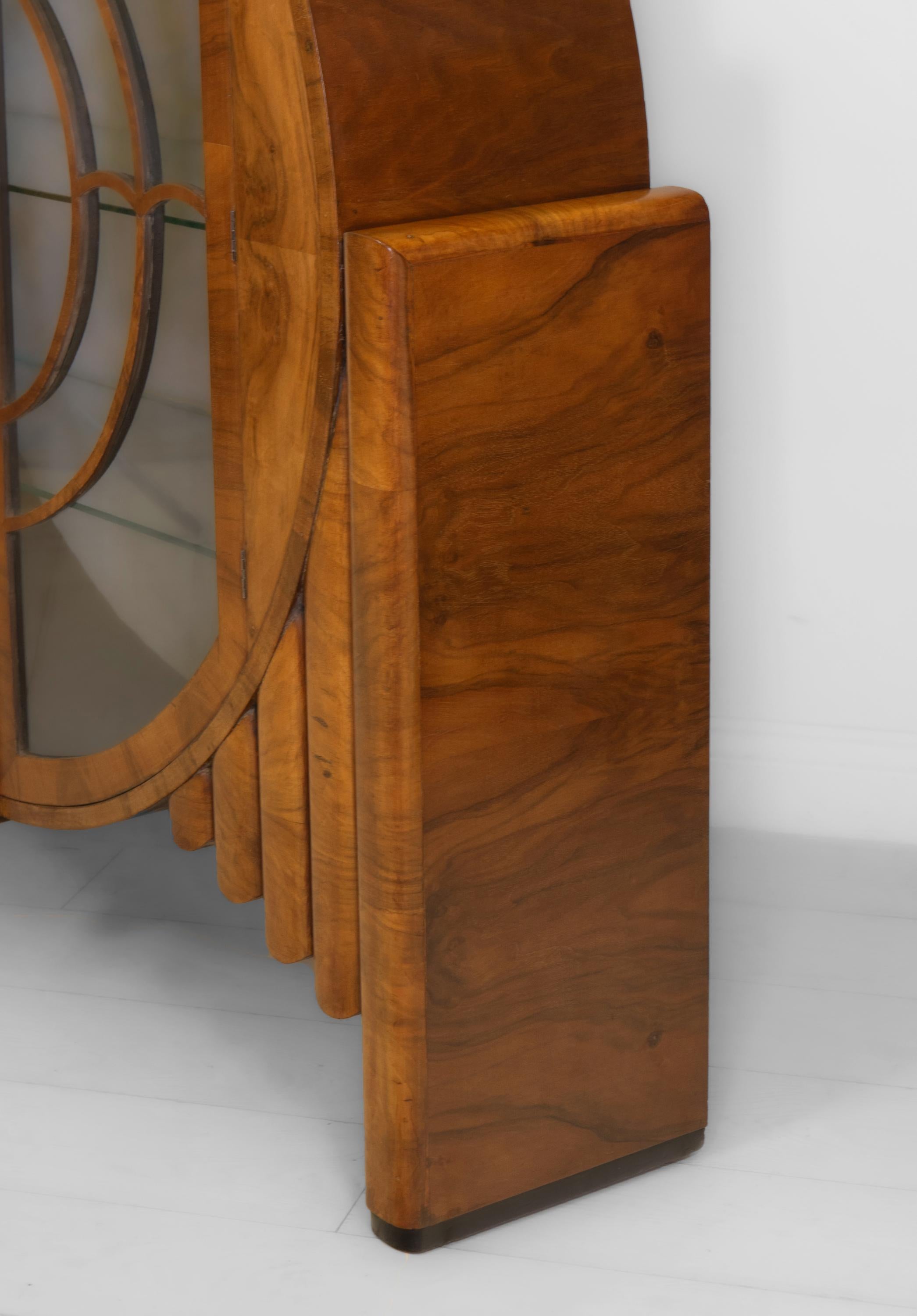 Glass English Art Deco Circular Walnut 'Rocket' Display Cabinet Silk Backing 1930s