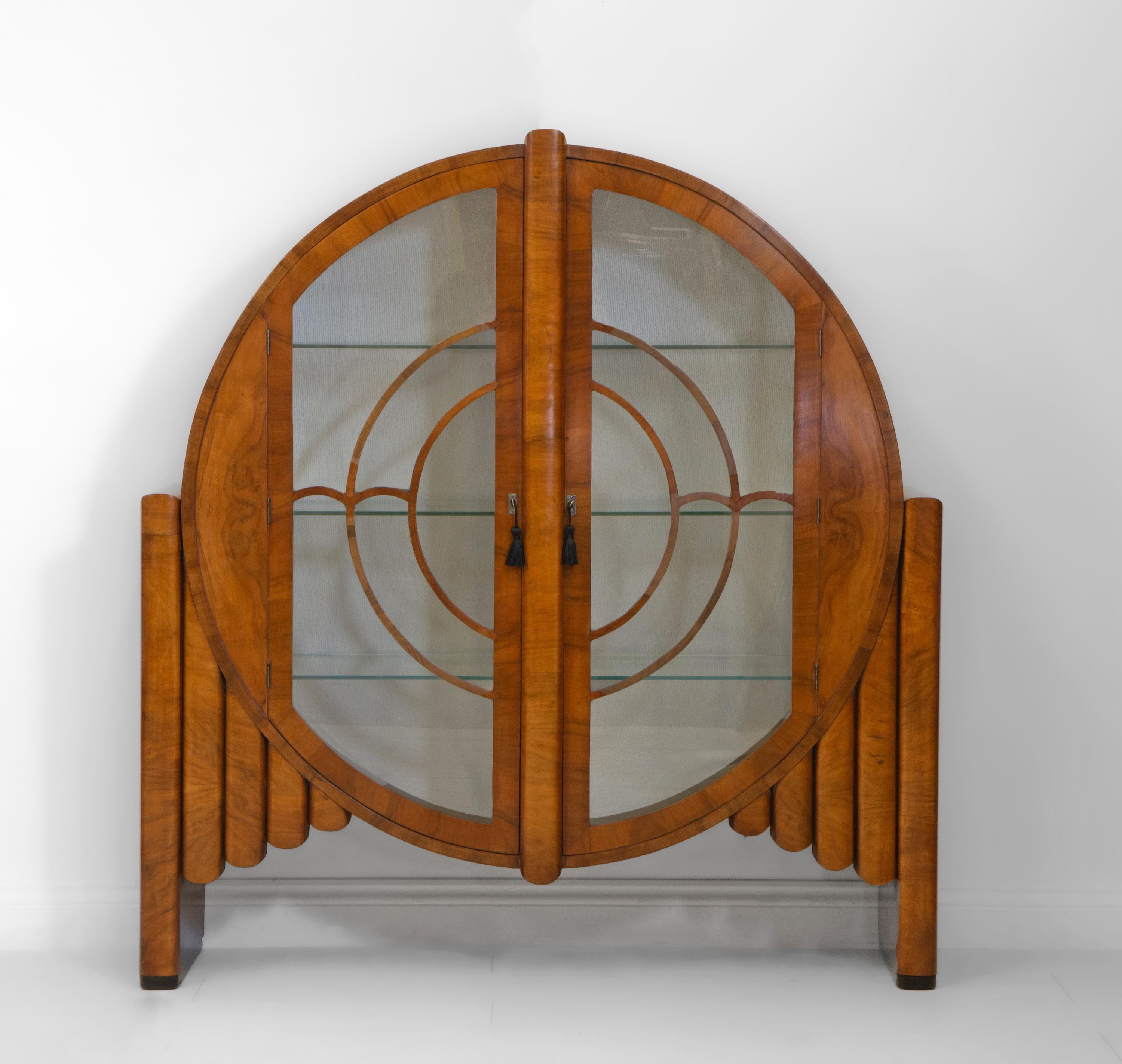 English Art Deco Circular Walnut 'Rocket' Display Cabinet Silk Backing 1930s 1
