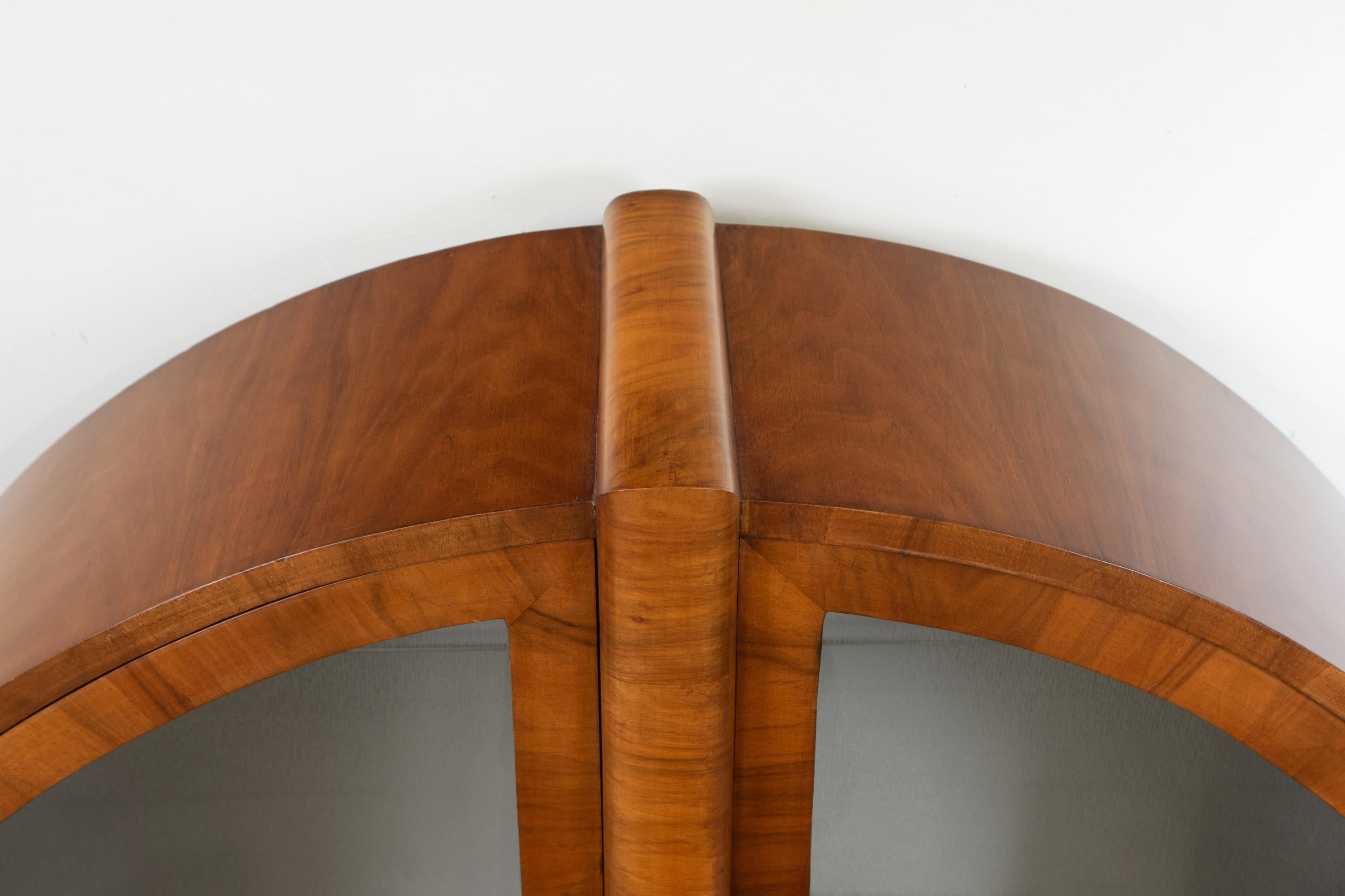English Art Deco Circular Walnut 'Rocket' Display Cabinet Silk Backing 1930s 2