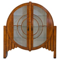 English Art Deco Circular Walnut 'Rocket' Display Cabinet Silk Backing 1930s 