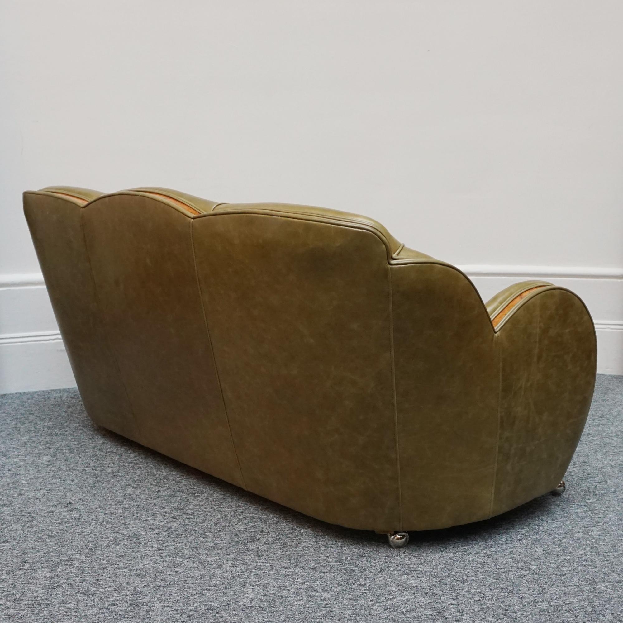 English Art Deco Cloud Sofa by Harry & Lou Epstein Upholstered in Green Leather  For Sale 7