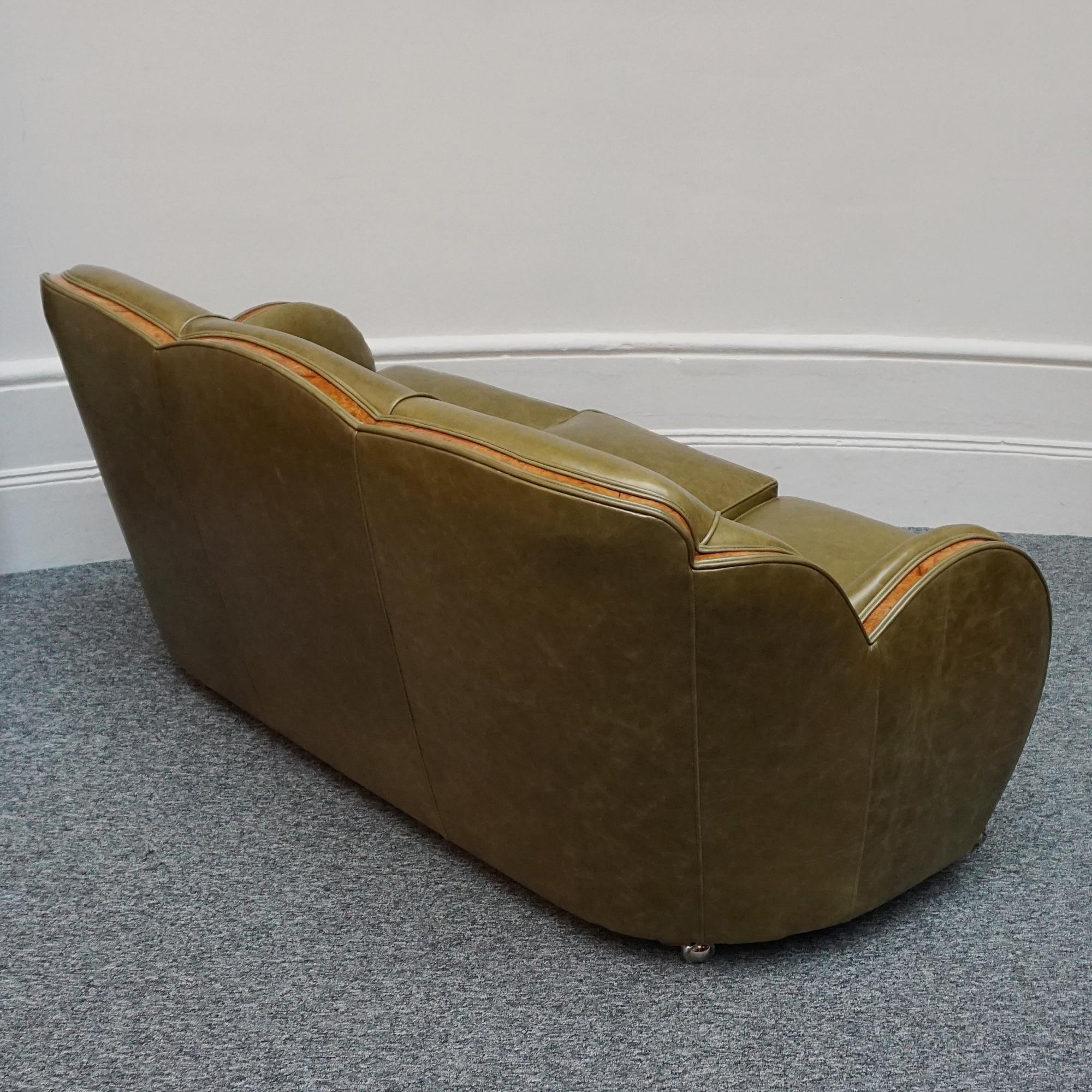 English Art Deco Cloud Sofa by Harry & Lou Epstein Upholstered in Green Leather  For Sale 8