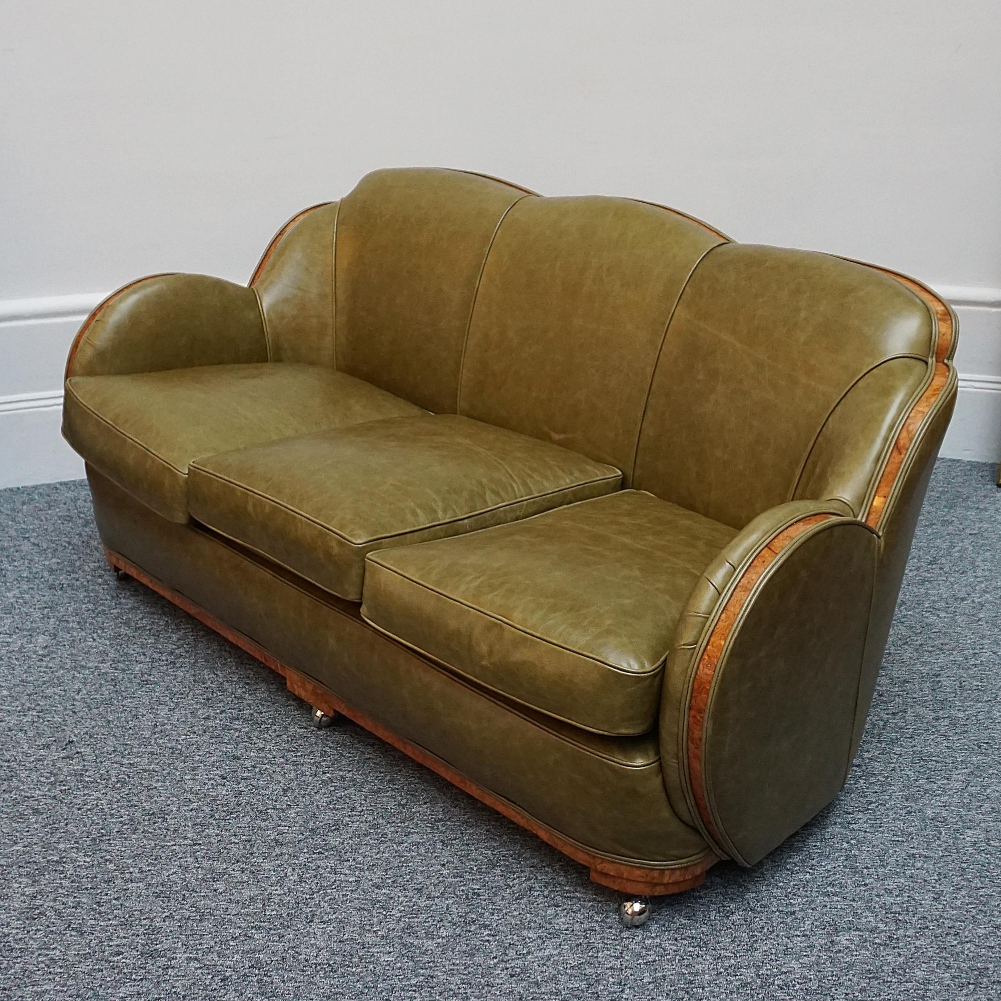 English Art Deco Cloud Sofa by Harry & Lou Epstein Upholstered in Green Leather  For Sale 10