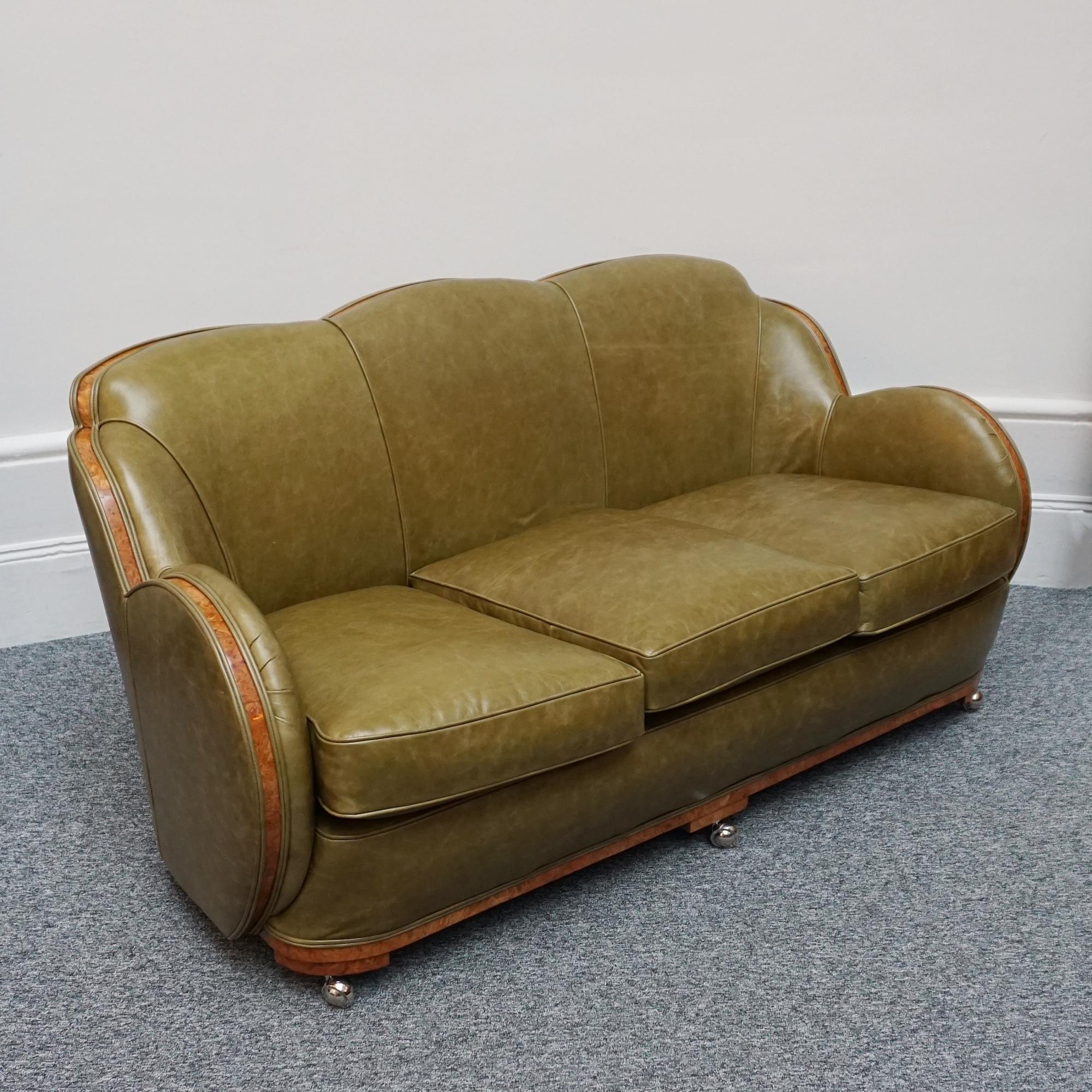 Early 20th Century English Art Deco Cloud Sofa by Harry & Lou Epstein Upholstered in Green Leather  For Sale