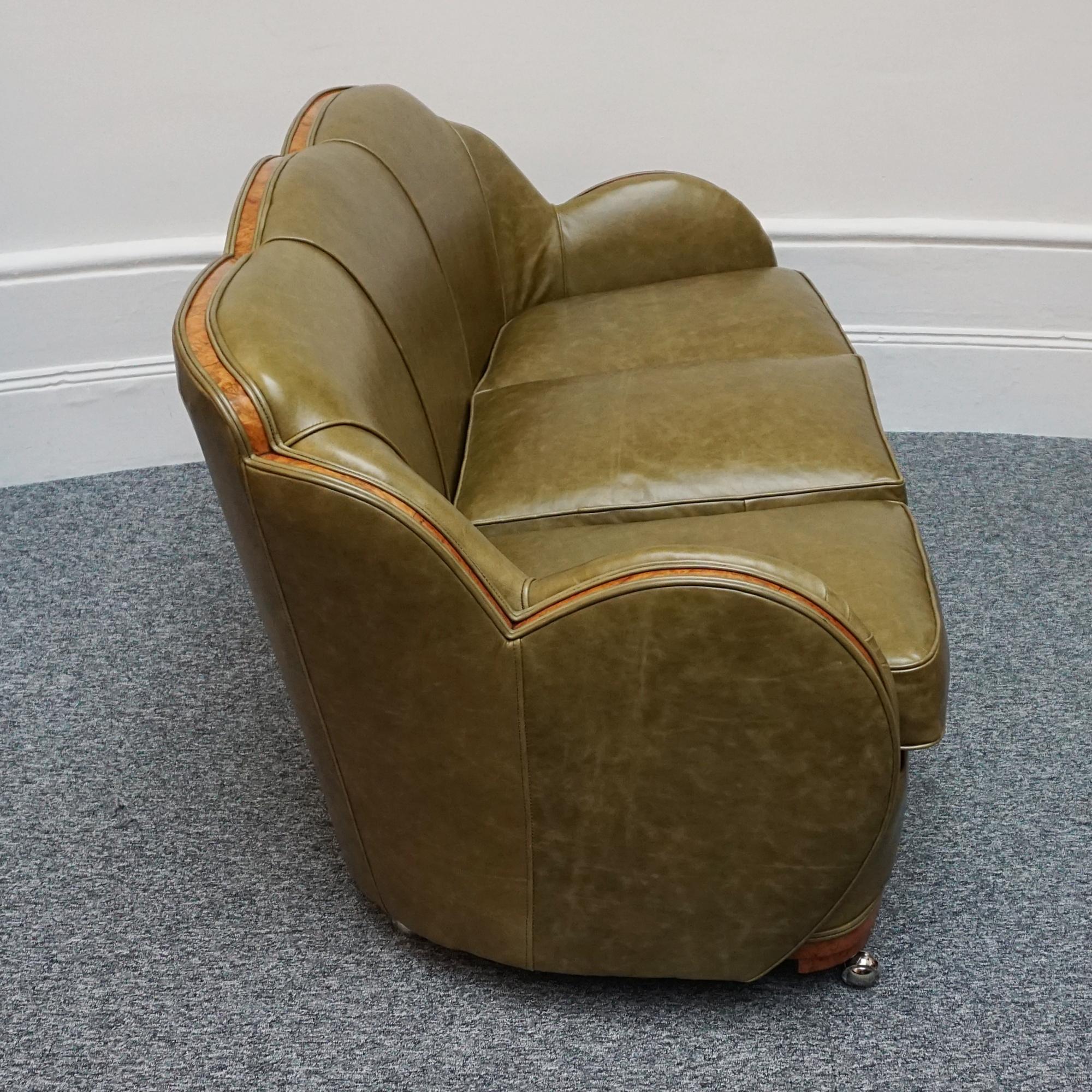 English Art Deco Cloud Sofa by Harry & Lou Epstein Upholstered in Green Leather  For Sale 4