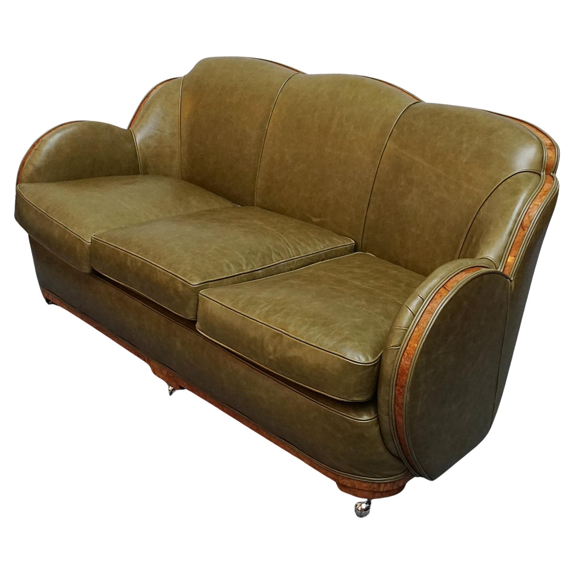 English Art Deco Cloud Sofa by Harry & Lou Epstein Upholstered in Green Leather  For Sale