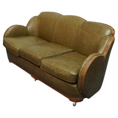 Antique English Art Deco Cloud Sofa by Harry & Lou Epstein Upholstered in Green Leather 