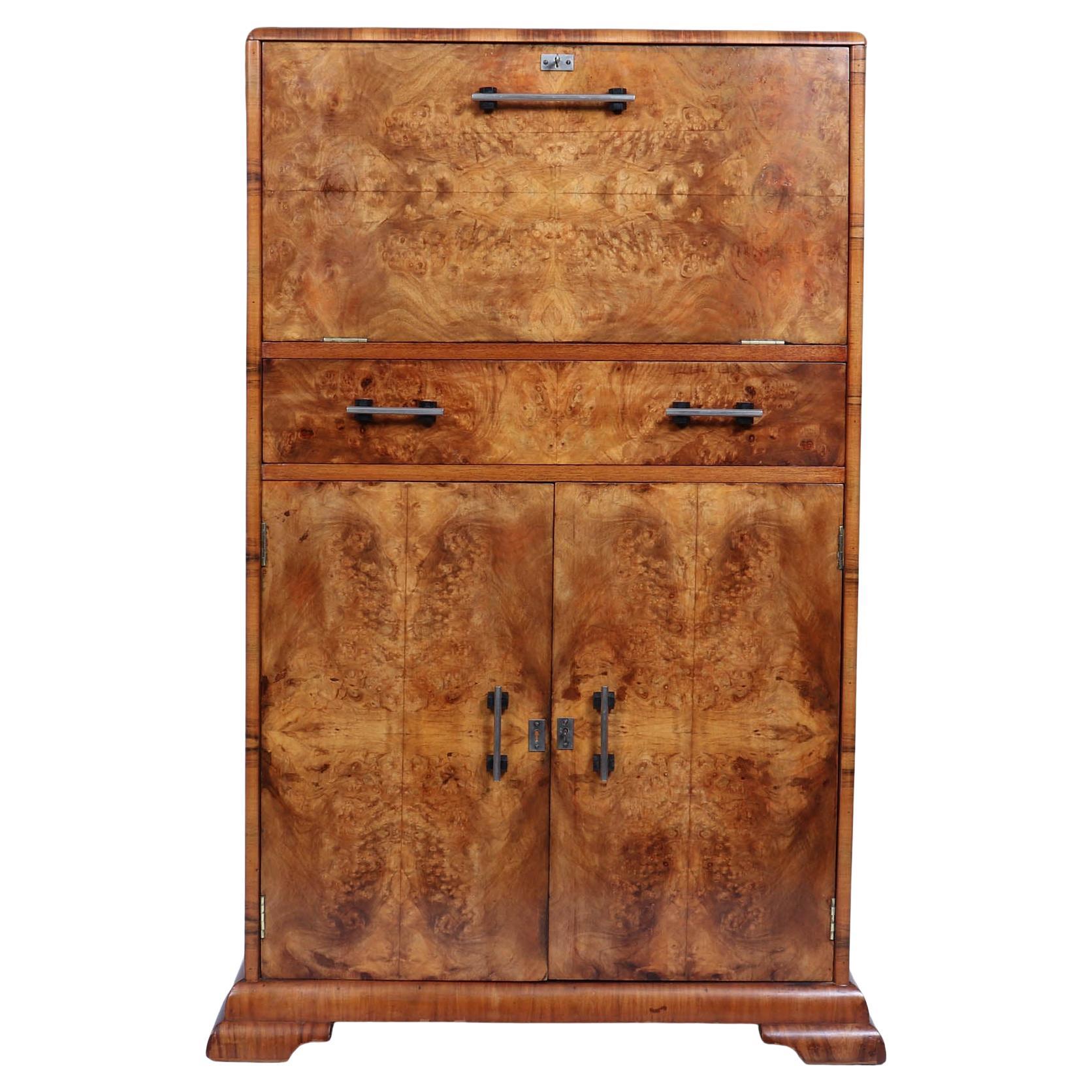 Englischer Art-Déco-Cocktailschrank aus Wurzelnussholz