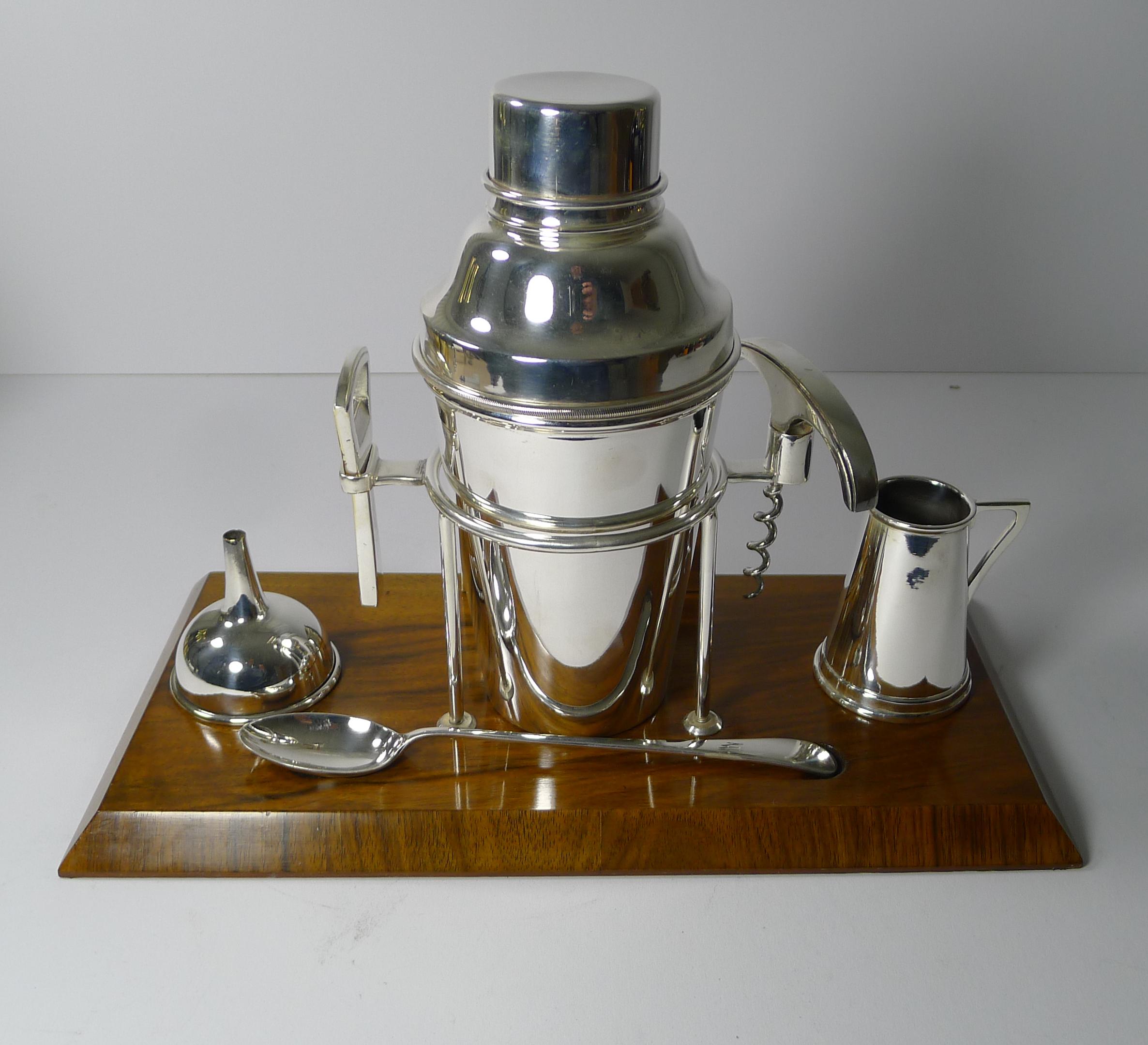 English Art Deco Cocktail Shaker / Drinks Set on Walnut Stand 8
