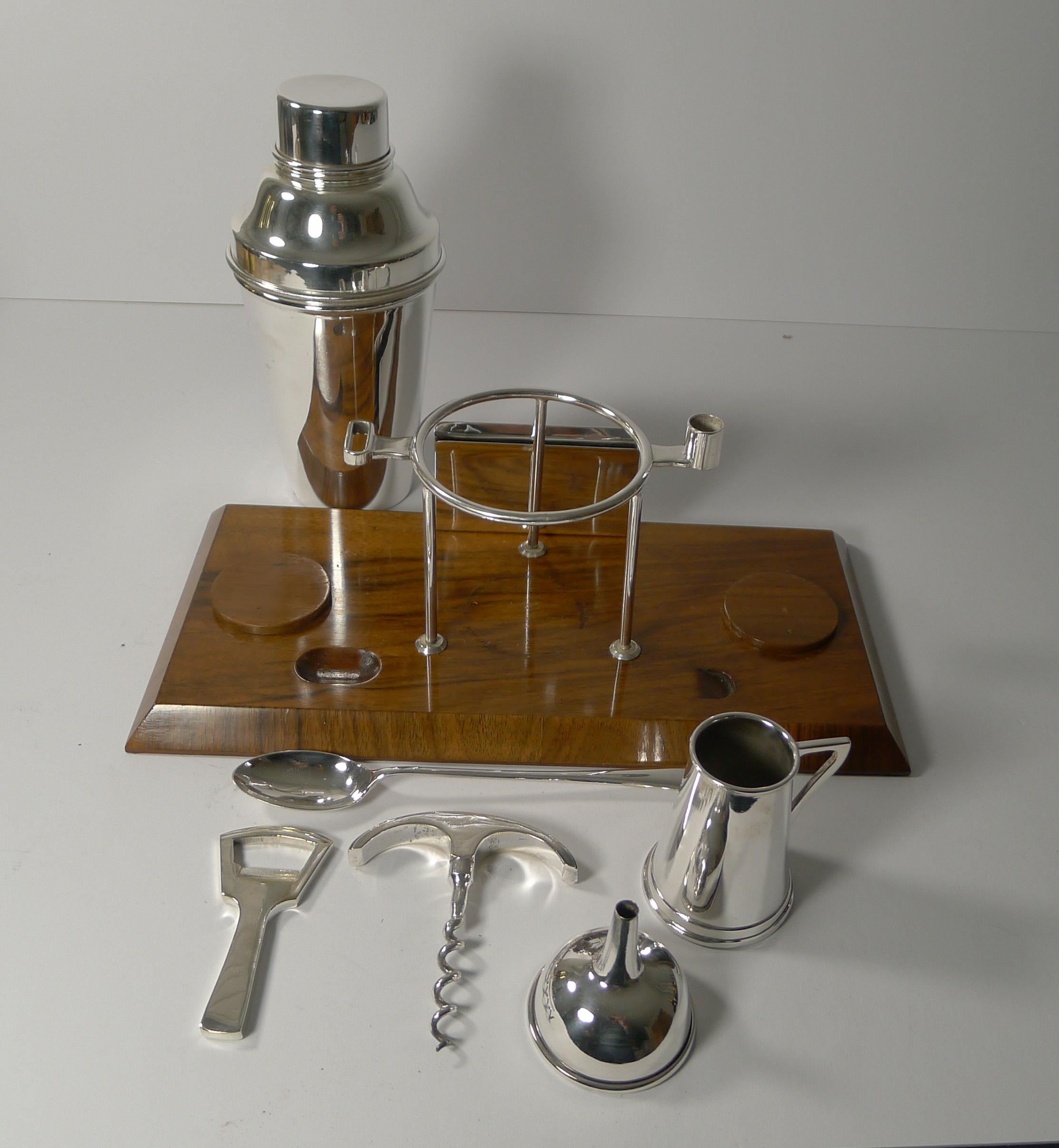 Silver Plate English Art Deco Cocktail Shaker / Drinks Set on Walnut Stand