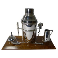 English Art Deco Cocktail Shaker / Drinks Set on Walnut Stand