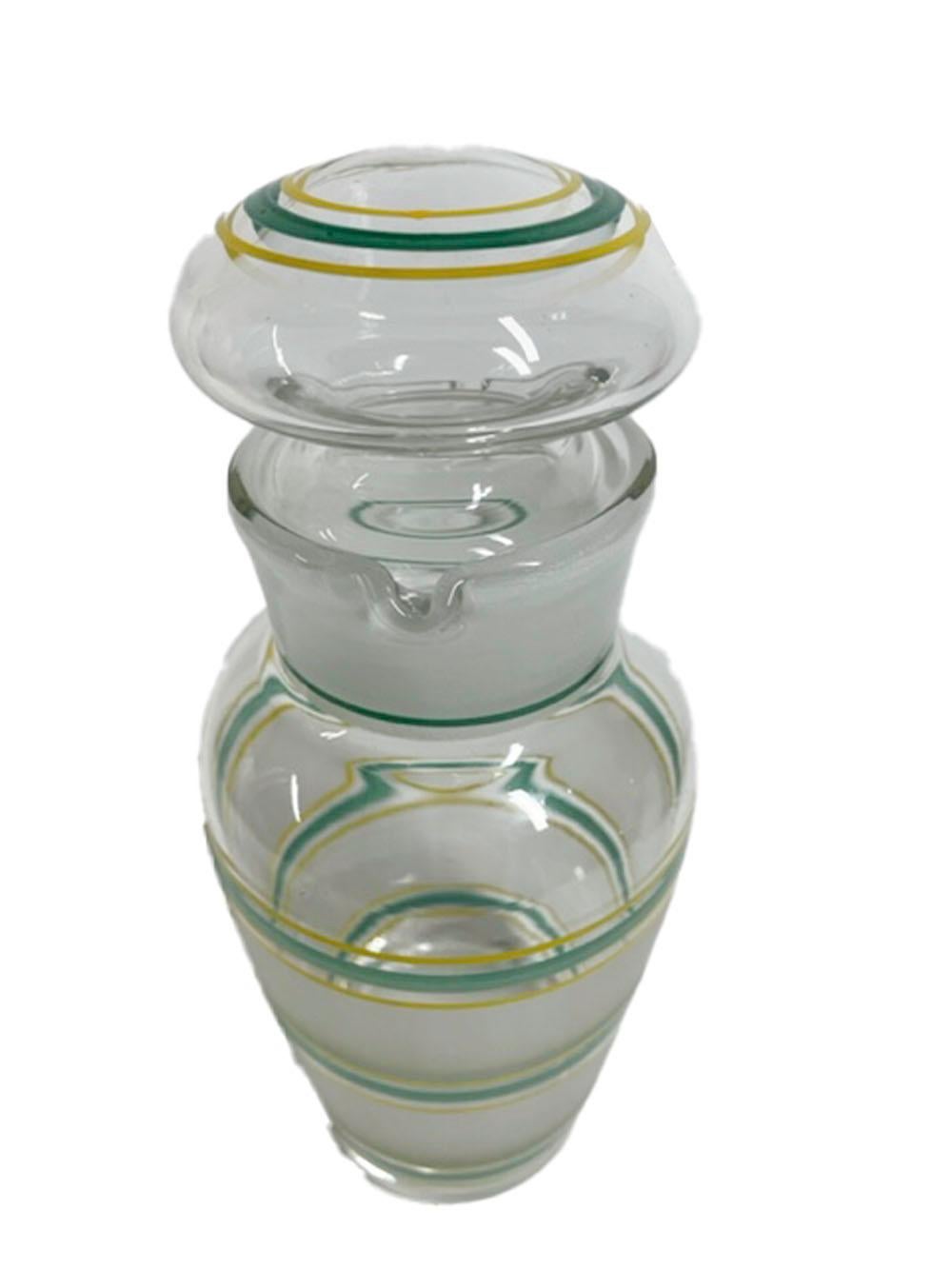 English Art Deco glass cocktail shaker with double pour-spout mouth and polished pontil, decorated with wide frosted bands between yellow and green painted lines.